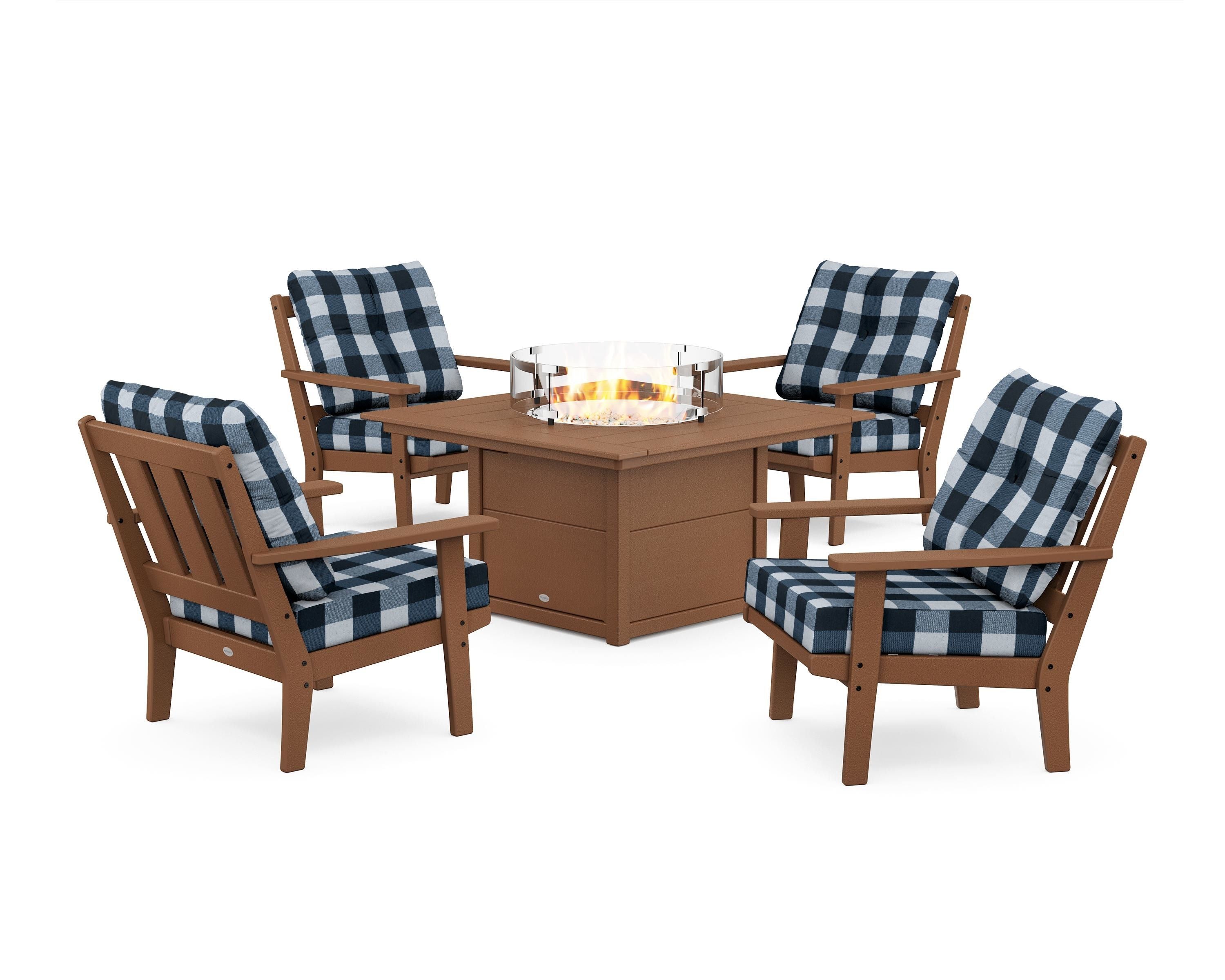 POLYWOOD® Oxford 5-Piece Deep Seating Set with Fire Pit Table in Teak / Buffalo Plaid Marine Indigo