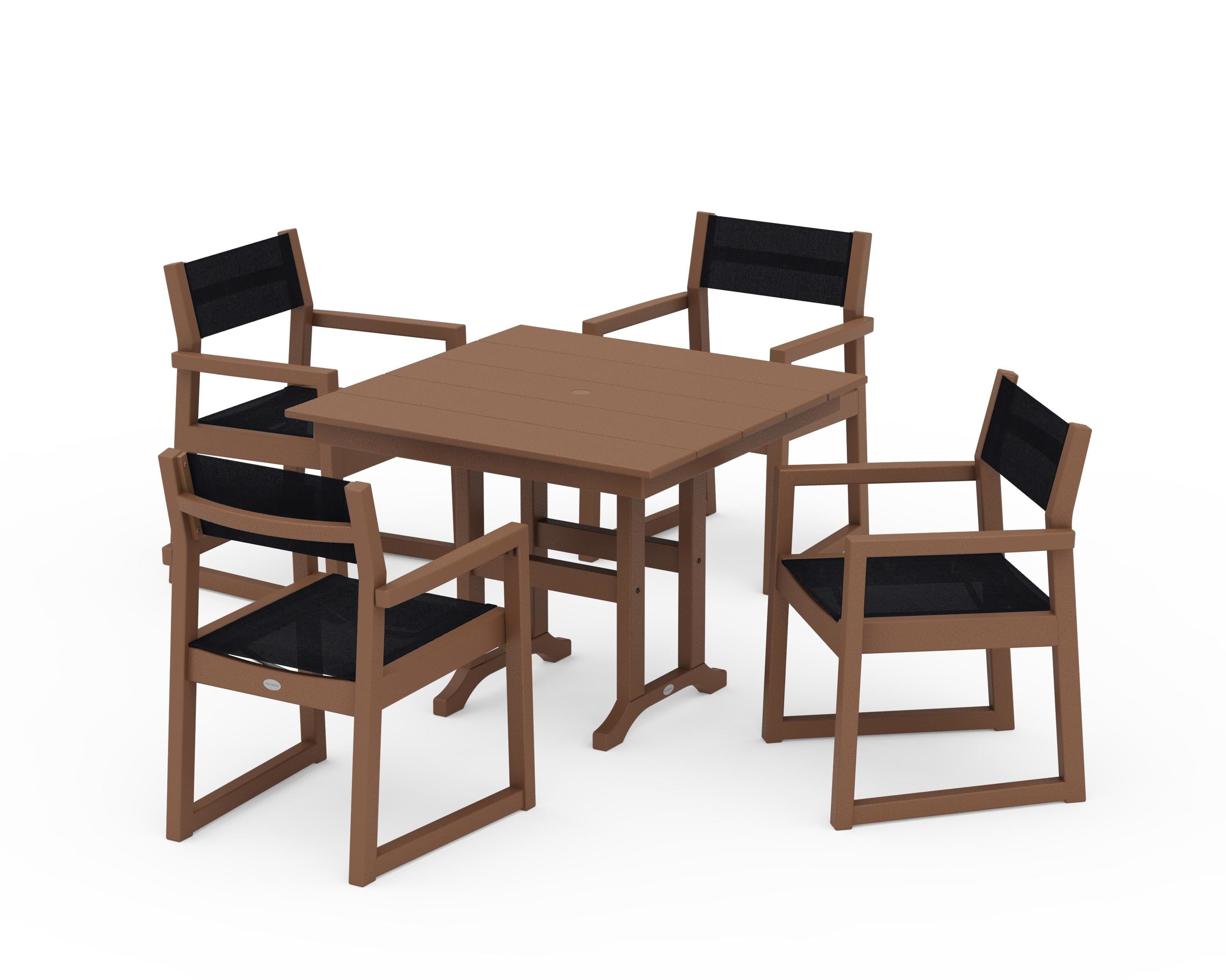 POLYWOOD® EDGE Sling Arm Chair 5-Piece Farmhouse Dining Set in Teak / Black Sling