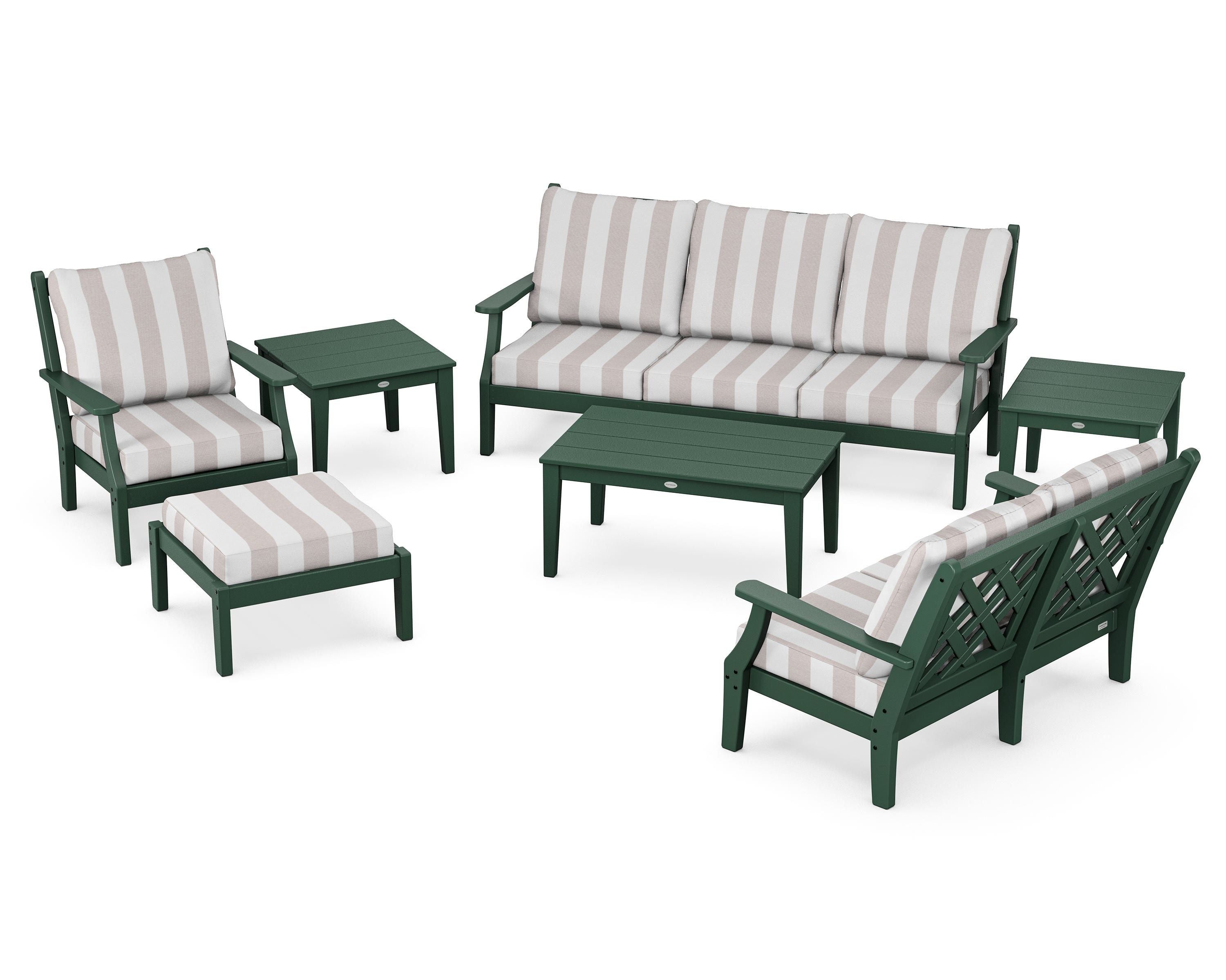 Country Living Wovendale 7-Piece Deep Seating Set in Green / Cabana Stripe Dune Burlap