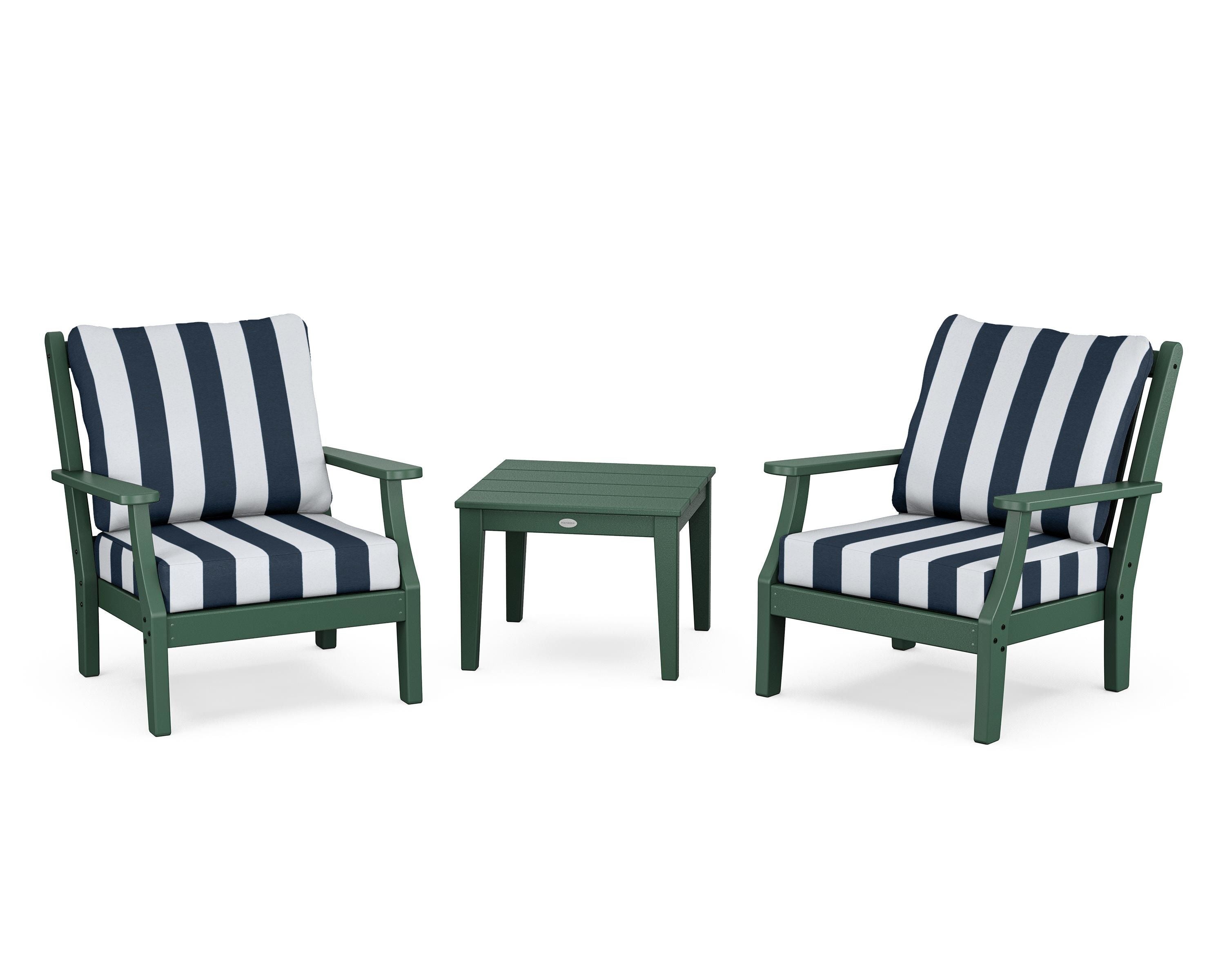 Country Living Wovendale 3-Piece Deep Seating Set in Green / Cabana Stripe Marine Indigo