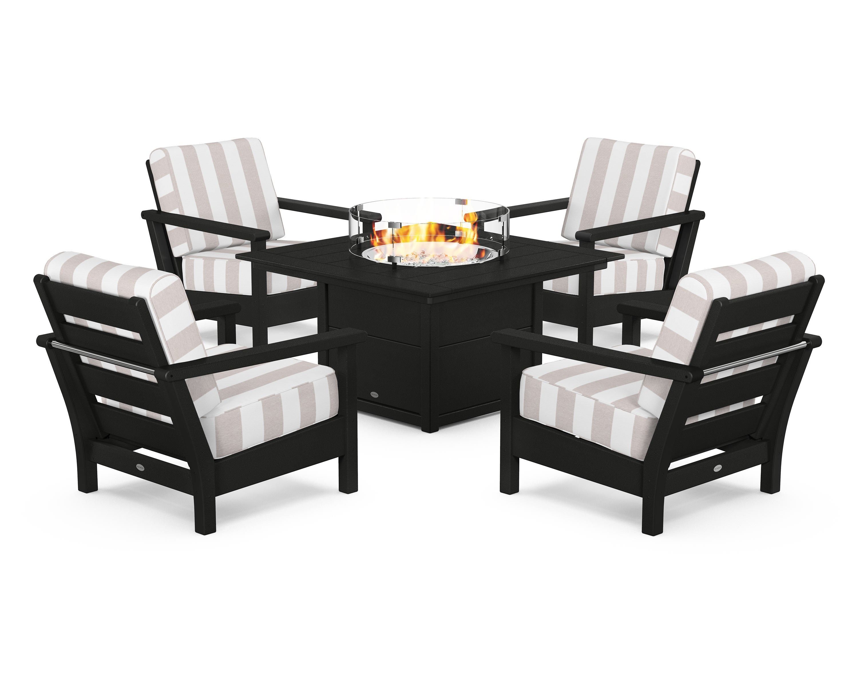 POLYWOOD® Harbour 5-Piece Conversation Set with Fire Pit Table in Black / Cabana Stripe Dune Burlap