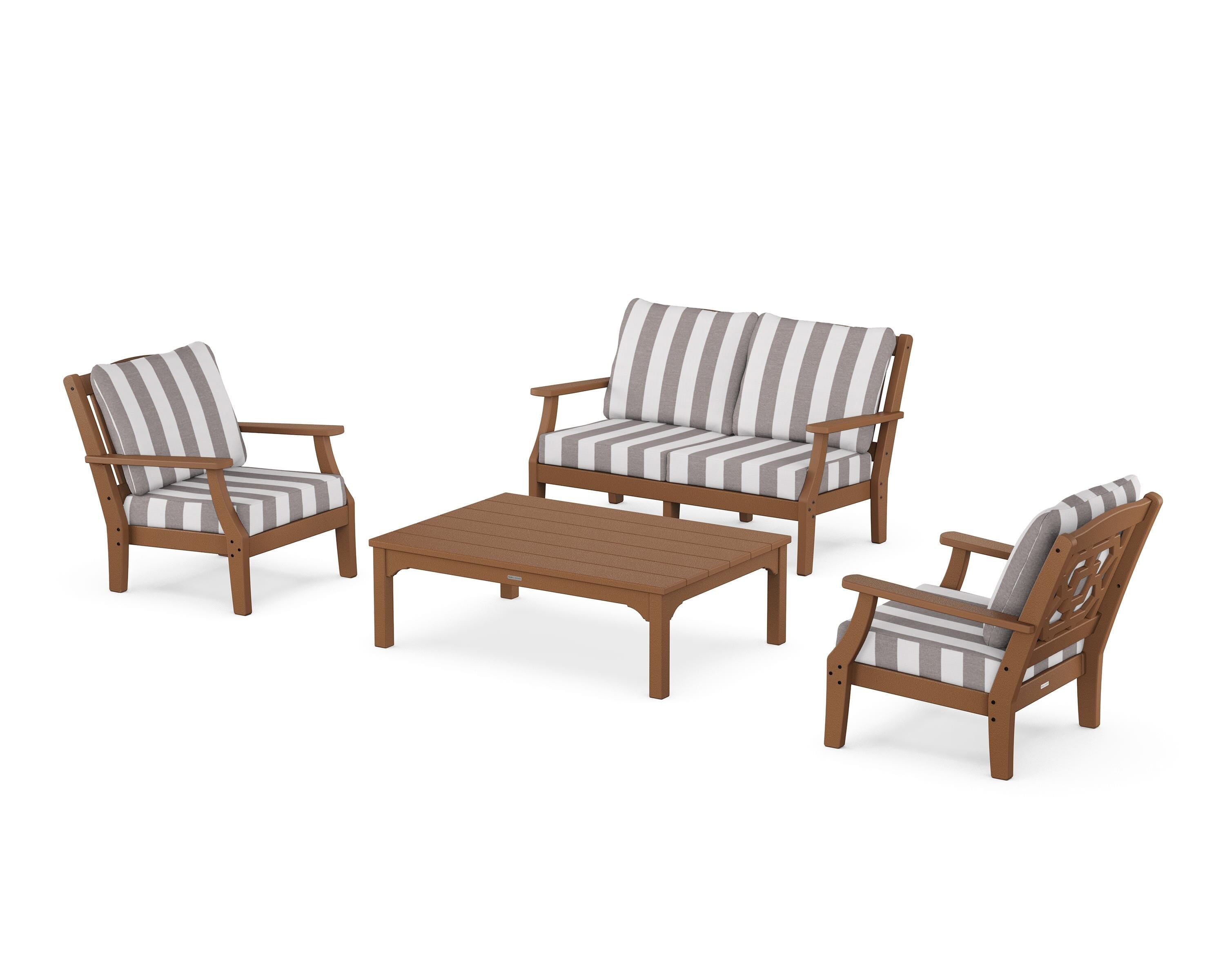 Martha Stewart by POLYWOOD® Chinoiserie 4-Piece Deep Seating Set with Loveseat in Teak / Cabana Stripe Grey Mist