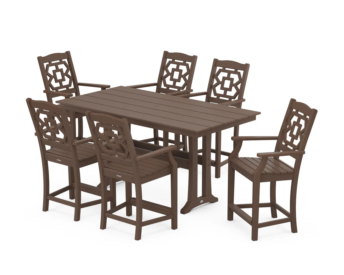 Chinoiserie Arm Chair 7-Piece Farmhouse Counter Set with Trestle Legs