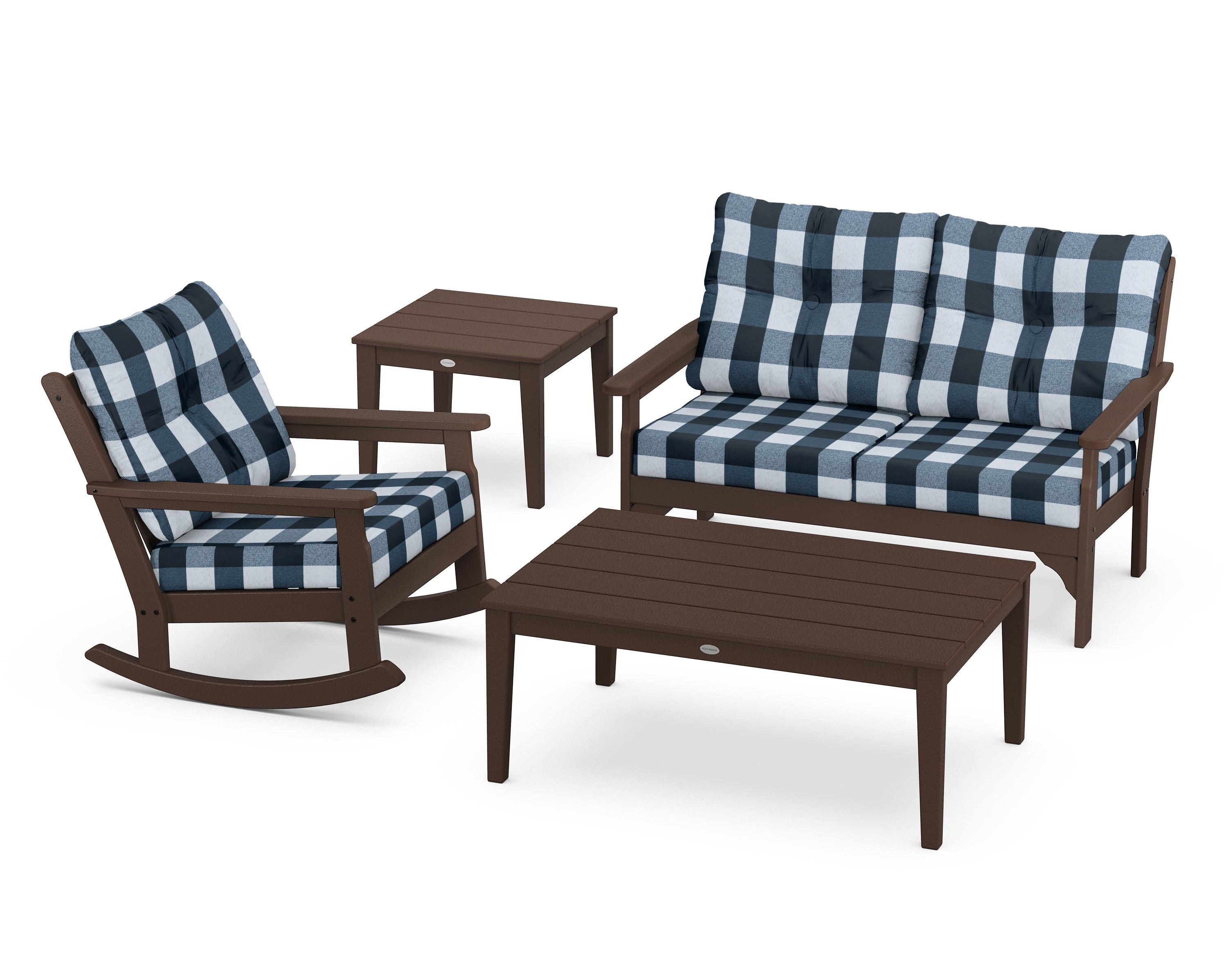 POLYWOOD® Vineyard 4-Piece Deep Seating Rocker Set in Mahogany / Buffalo Plaid Marine Indigo