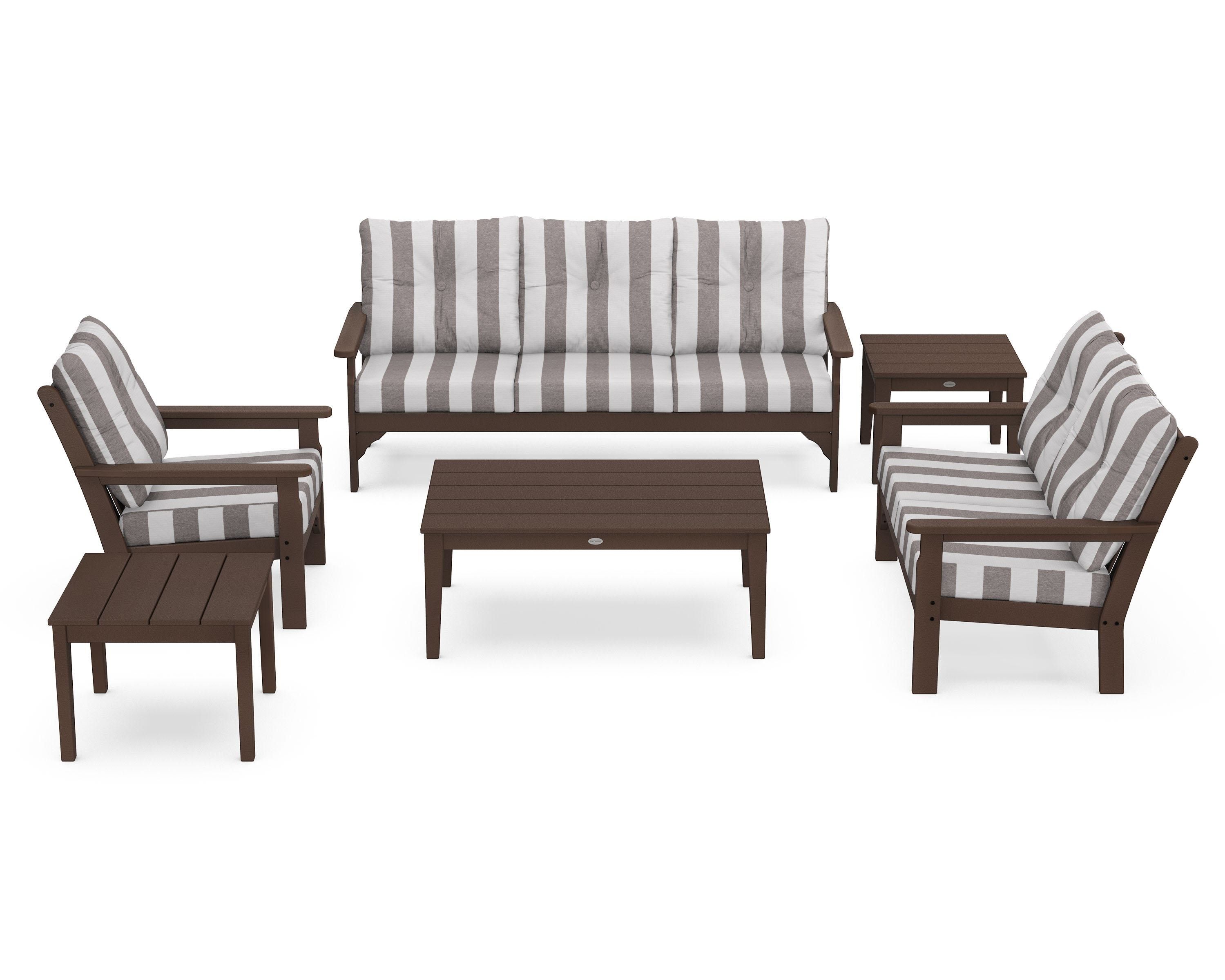 POLYWOOD® Vineyard 6-Piece Deep Seating Set in Mahogany / Cabana Stripe Grey Mist