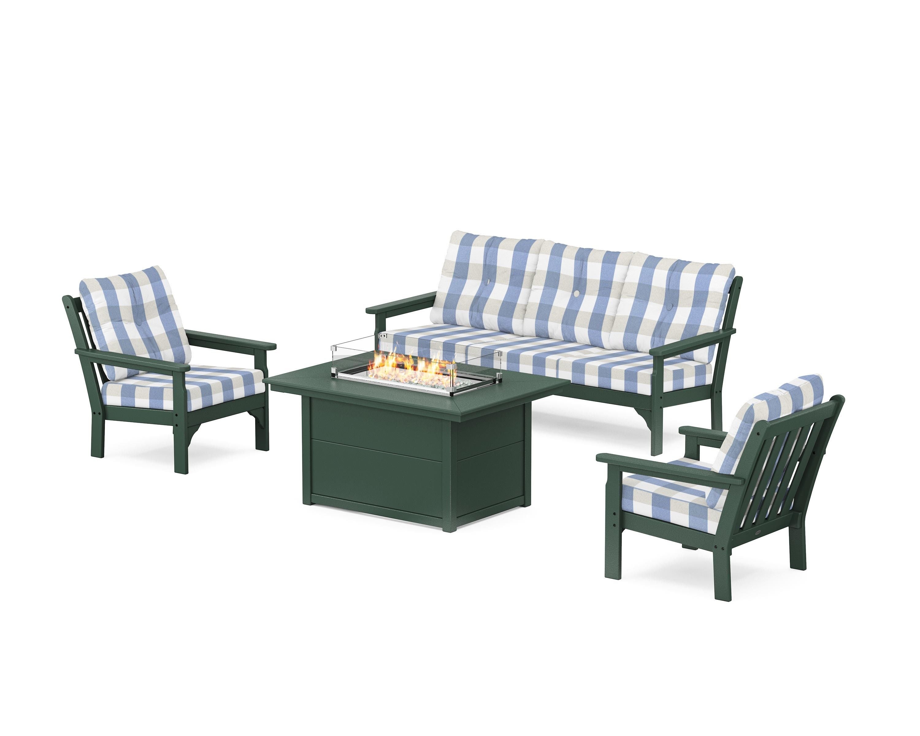 POLYWOOD® Vineyard Deep Seating Fire Pit Table Set in Green / Buffalo Plaid Sky Blue