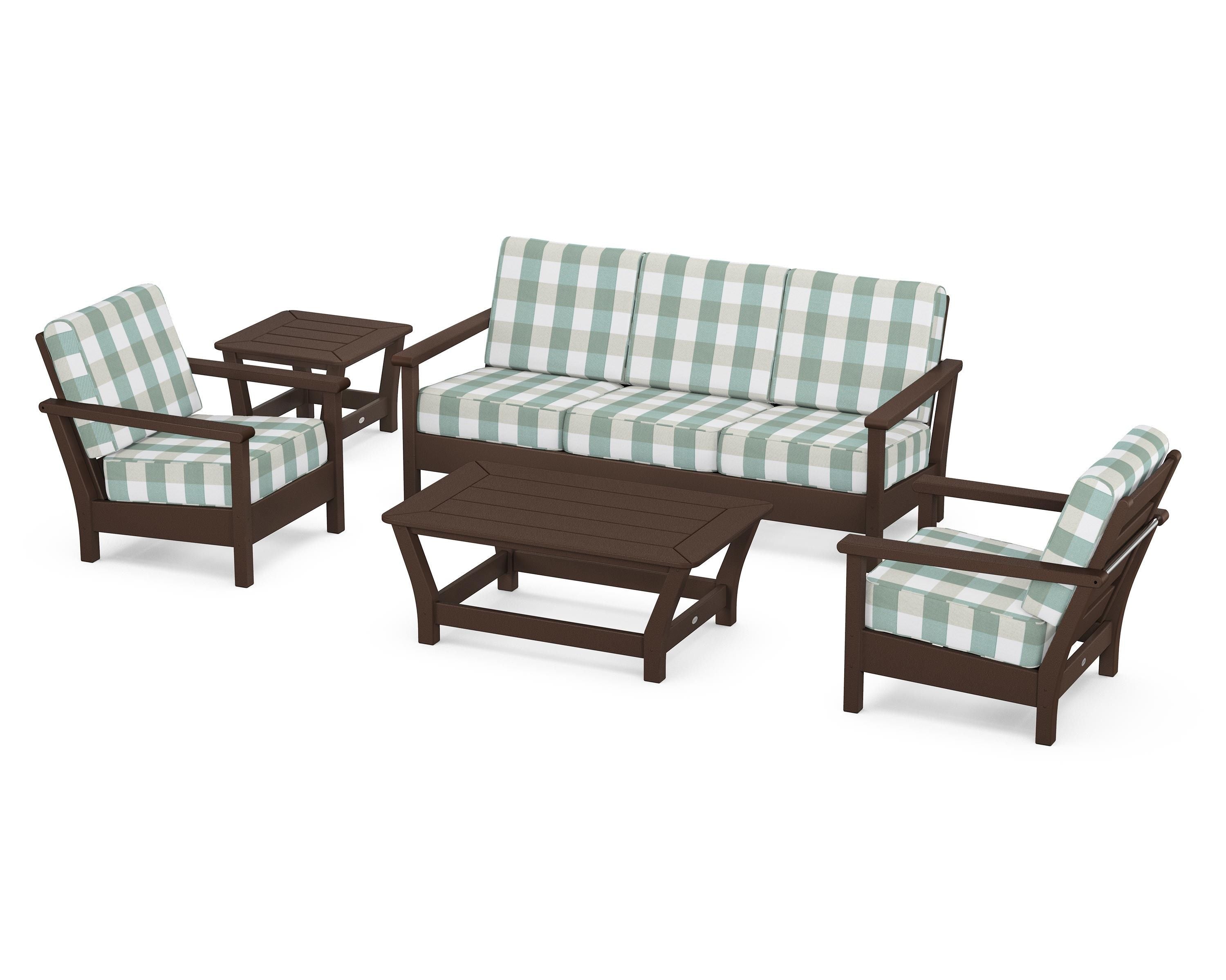 POLYWOOD® Harbour 5-Piece Deep Seating Set in Mahogany / Buffalo Plaid Glacier Spa