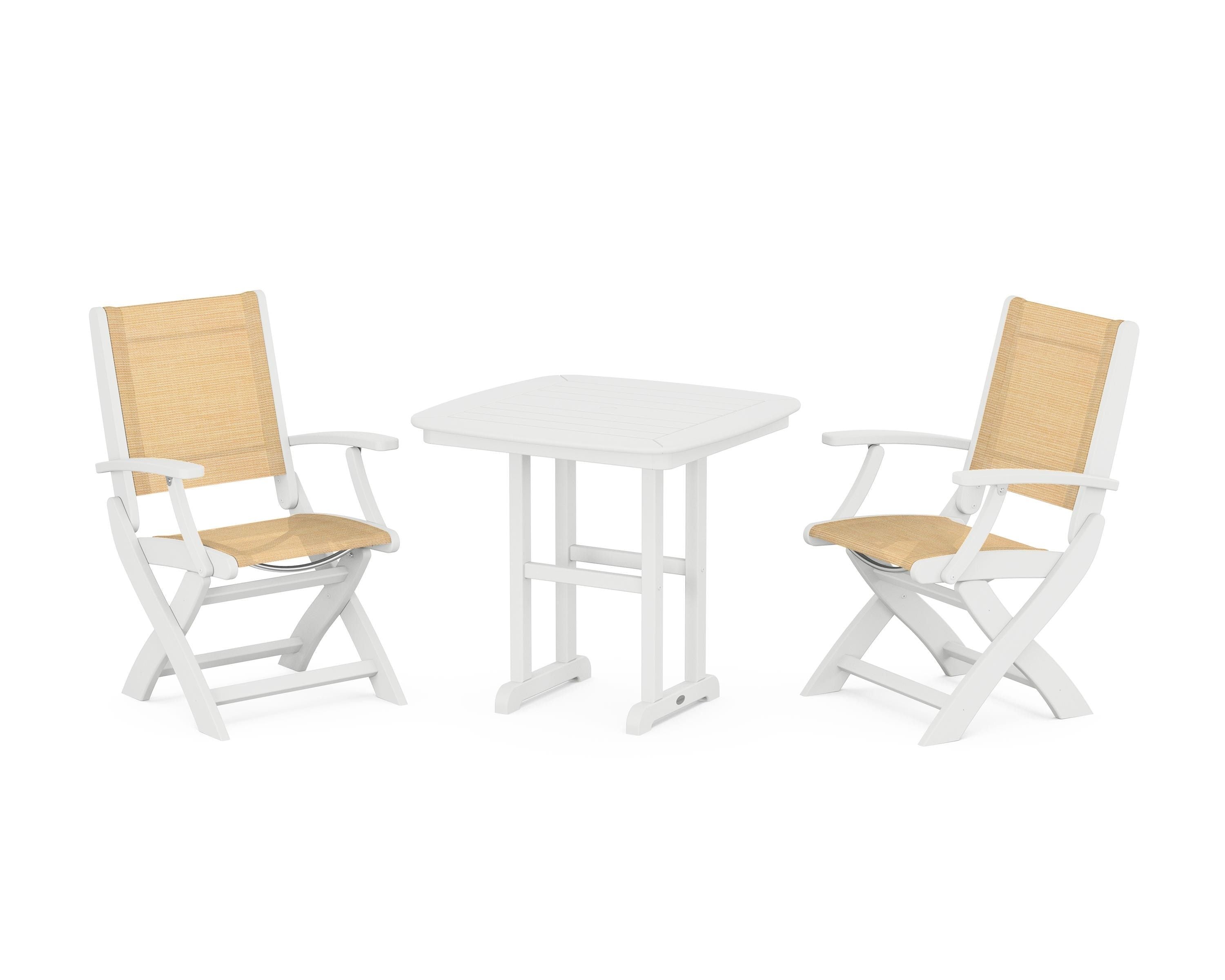POLYWOOD® Coastal Folding Chair 3-Piece Dining Set in White / Dupioni Apricot Sling