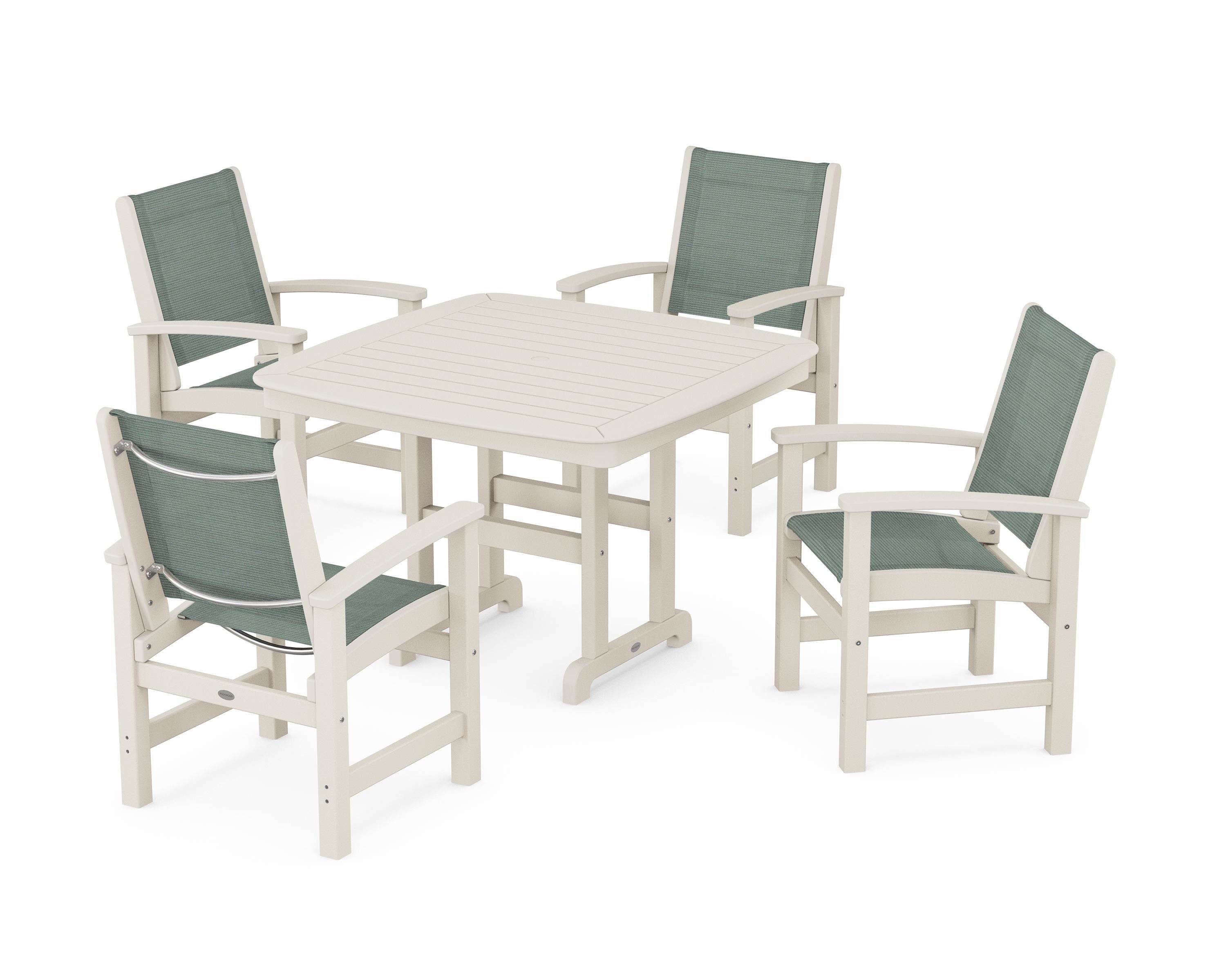 POLYWOOD® Coastal 5-Piece Dining Set in Sand / Dupioni Sea Mist Sling