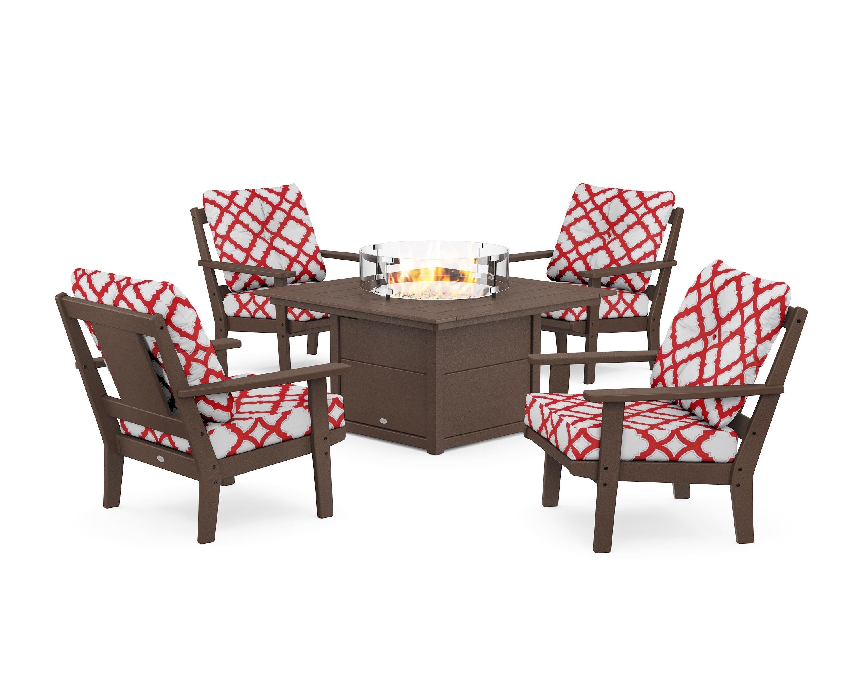 POLYWOOD® Prairie 5-Piece Deep Seating Set with Fire Pit Table in Mahogany / Trellis Crimson
