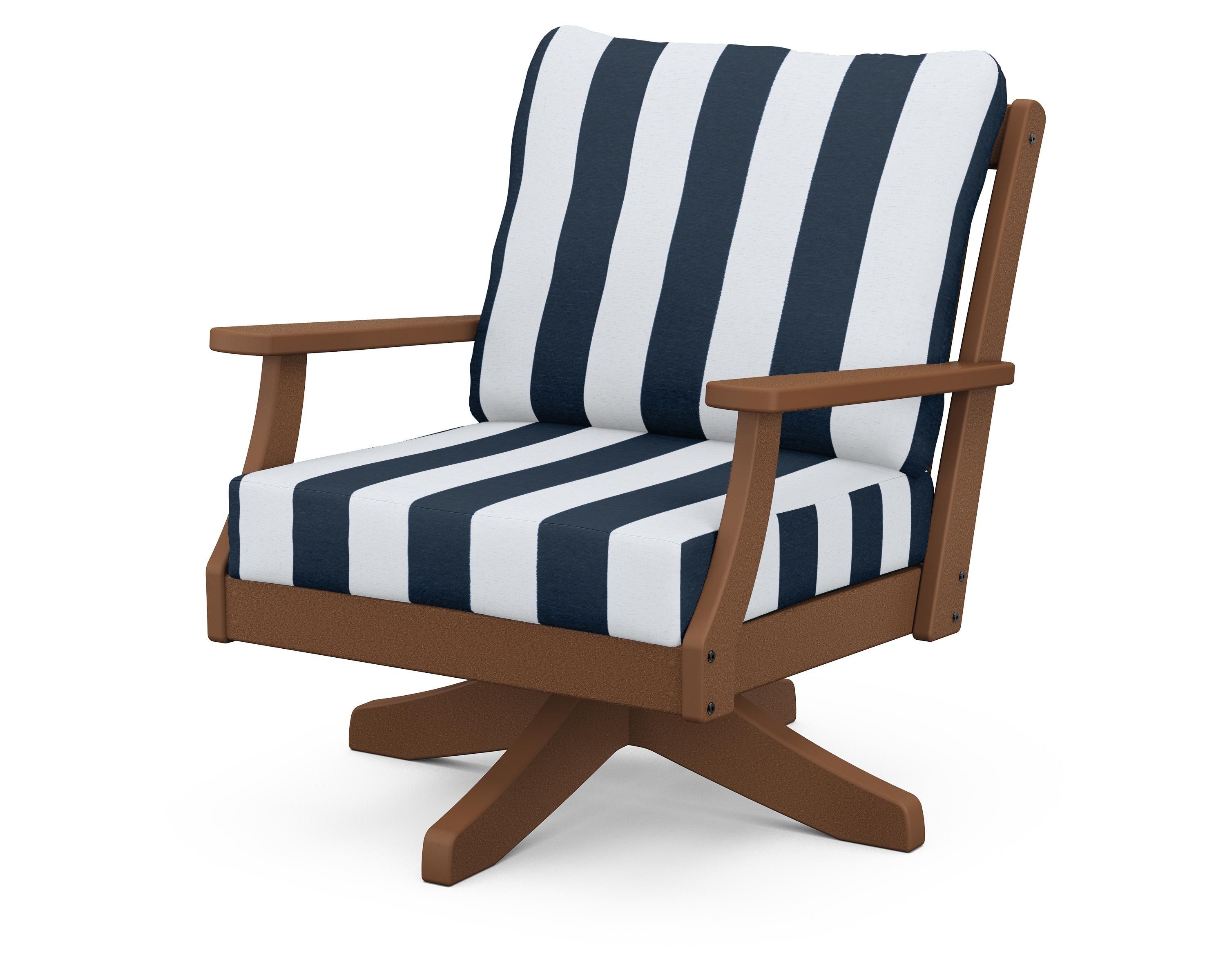 POLYWOOD® Braxton Deep Seating Swivel Chair in Teak / Cabana Stripe Marine Indigo