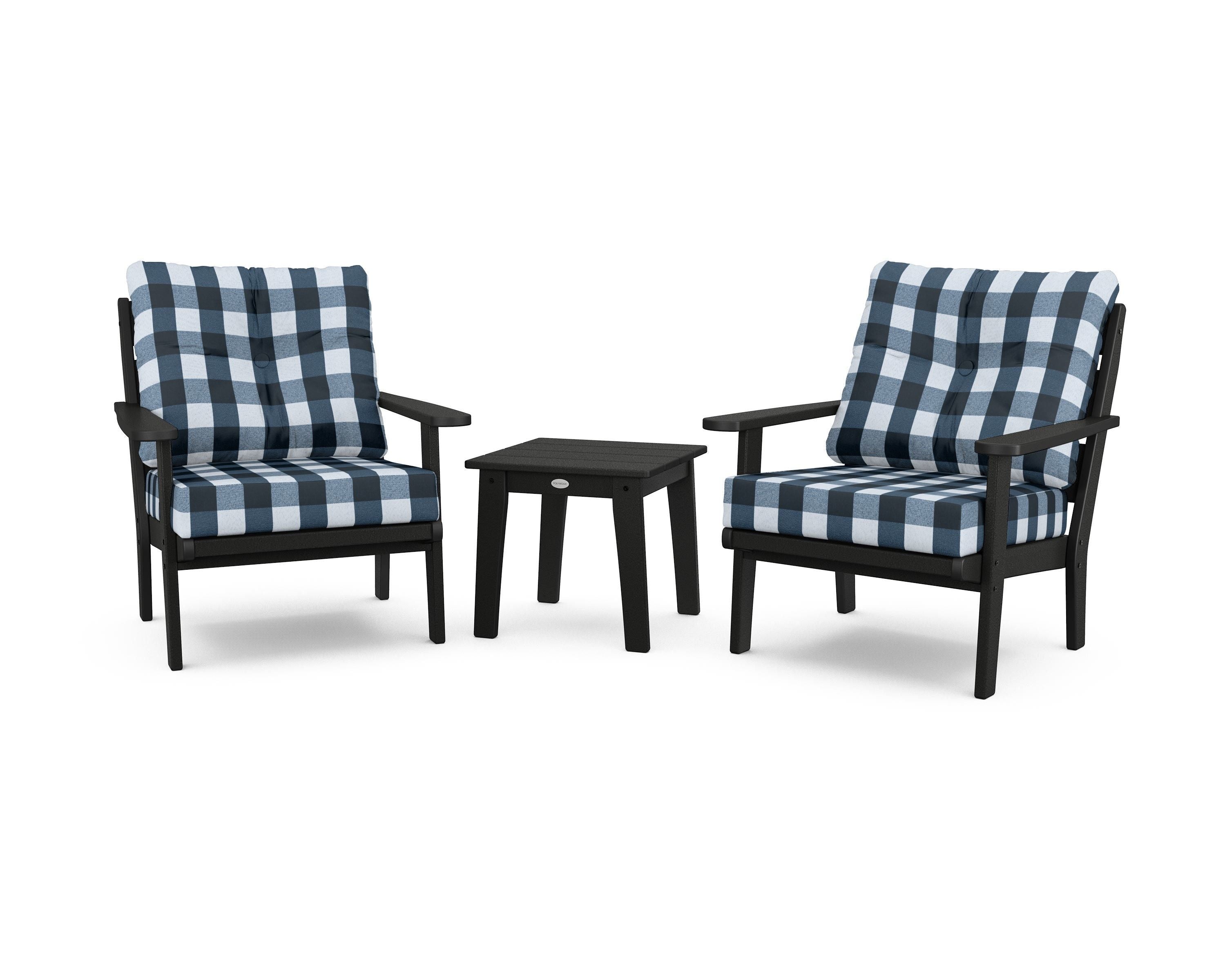 POLYWOOD® Lakeside 3-Piece Deep Seating Chair Set in Black / Buffalo Plaid Marine Indigo