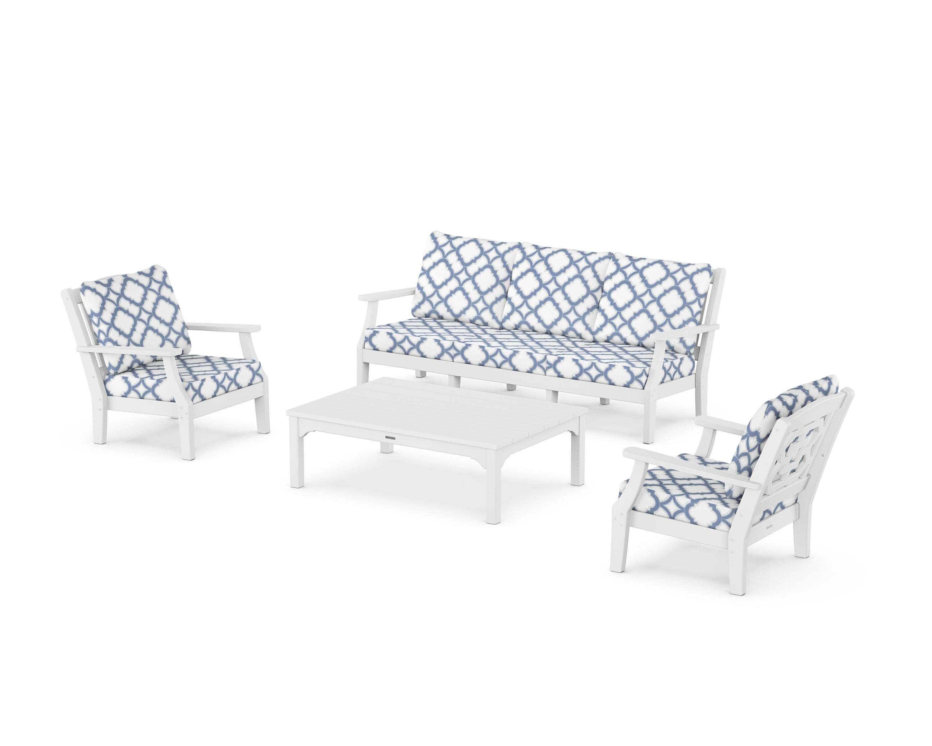 Martha Stewart by POLYWOOD® Chinoiserie 4-Piece Deep Seating Set with Sofa in White / Trellis Sky Blue