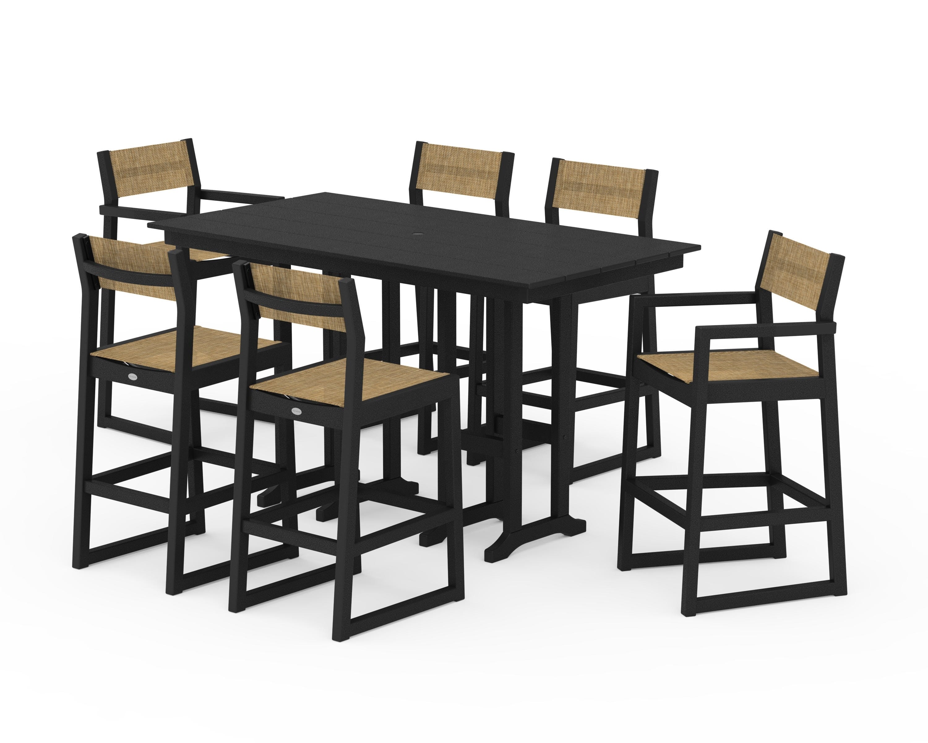 POLYWOOD® EDGE Sling 7-Piece Farmhouse Bar Set in Black / Burlap Sling