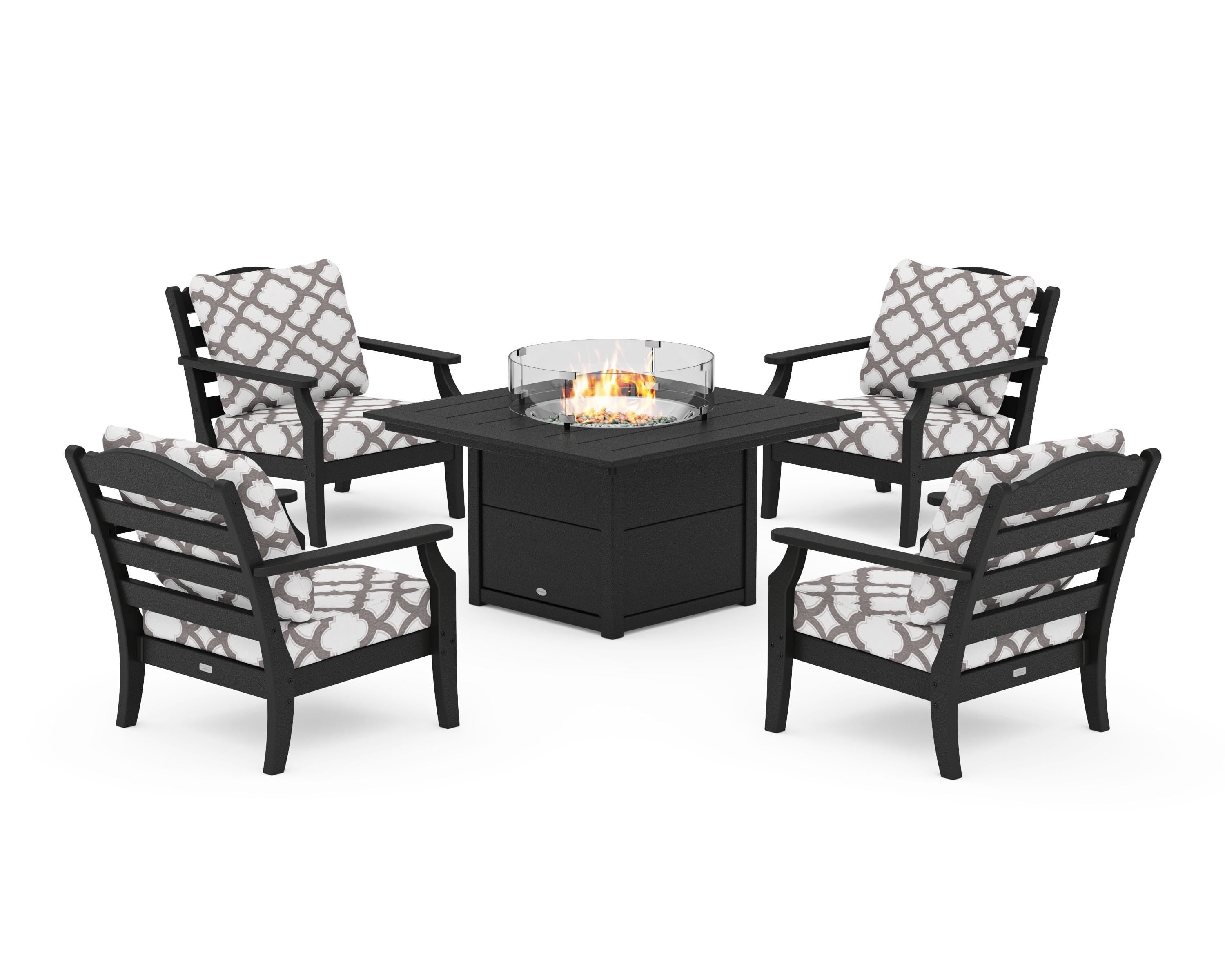 Draper James™ by POLYWOOD® Savannah 5-Piece Deep Seating Set with Fire Pit Table in Black / Trellis Grey Mist