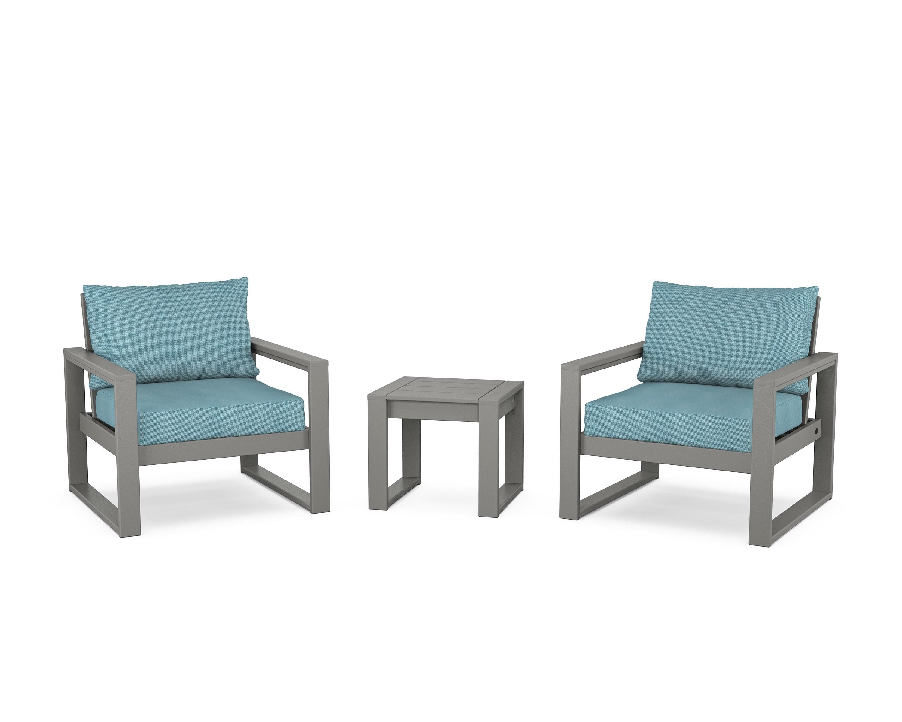 POLYWOOD® EDGE Sectional 3-Piece Deep Seating Set in Slate Grey / Lattice Sky Blue