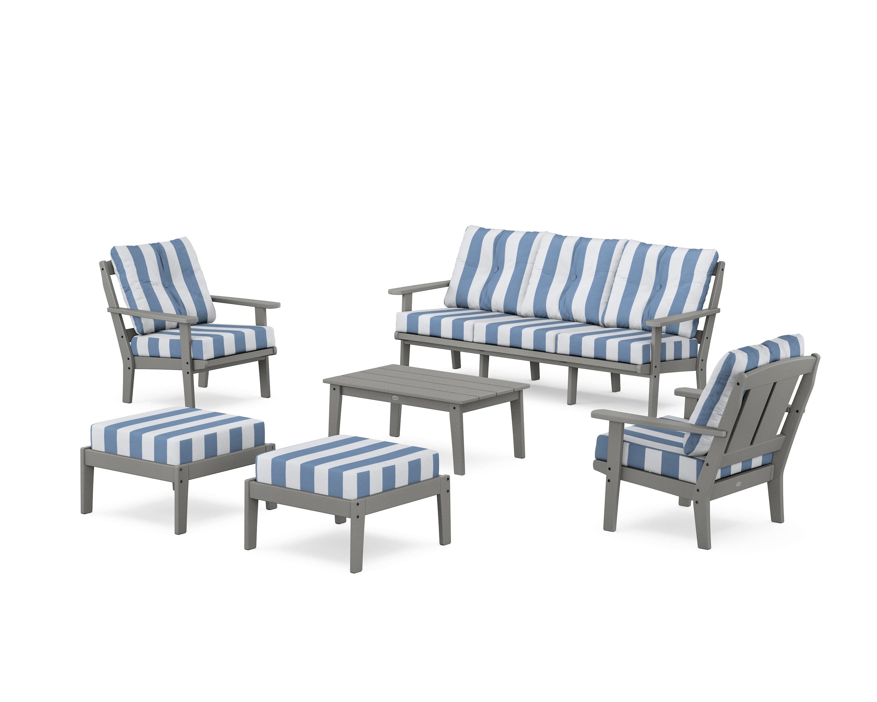 POLYWOOD® Mission 6-Piece Lounge Sofa Set in Slate Grey / Cabana Stripe Sky Blue