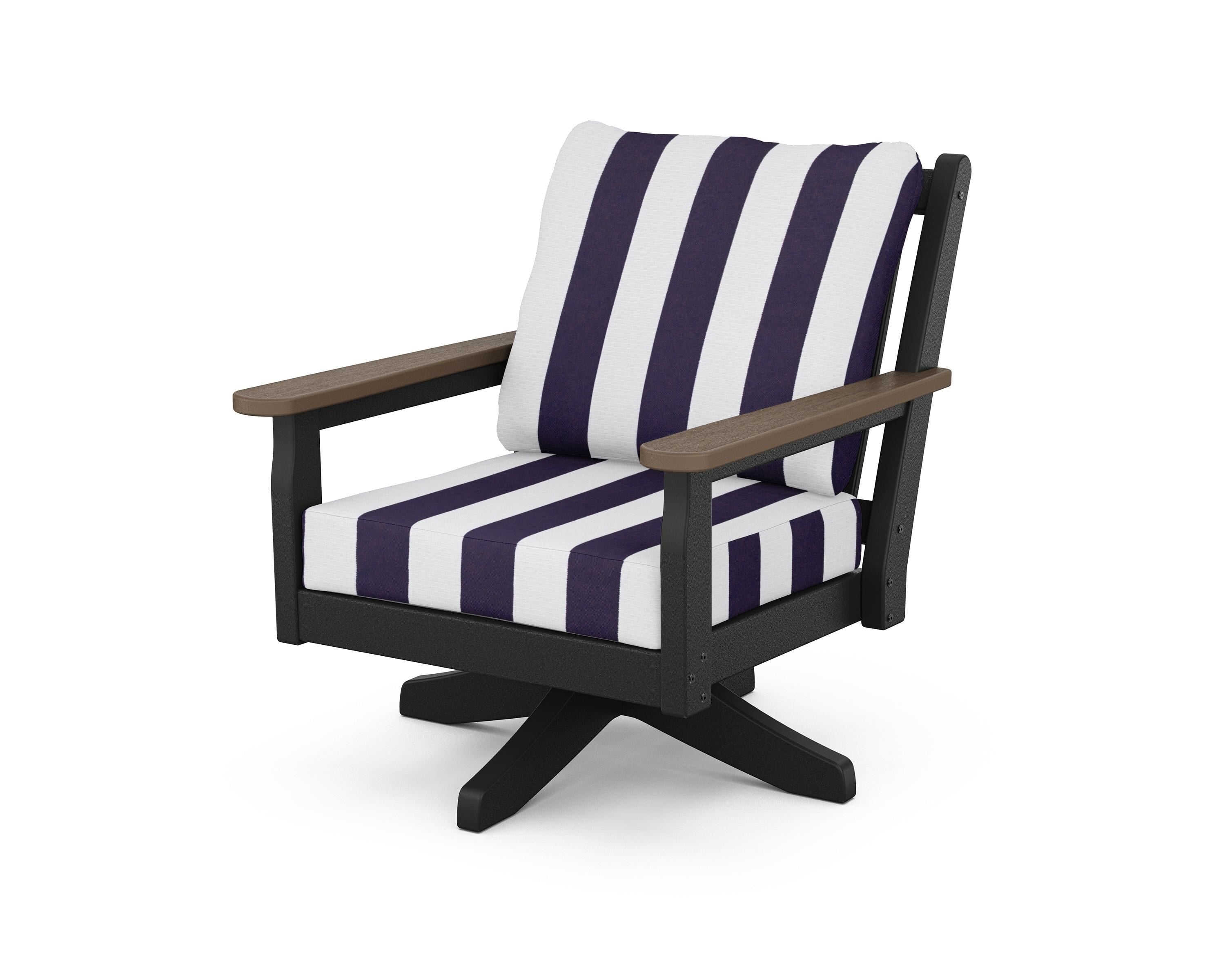 POLYWOOD® Chippendale Deep Seating Swivel Chair in Black / Kona / Cabana Stripe Navy