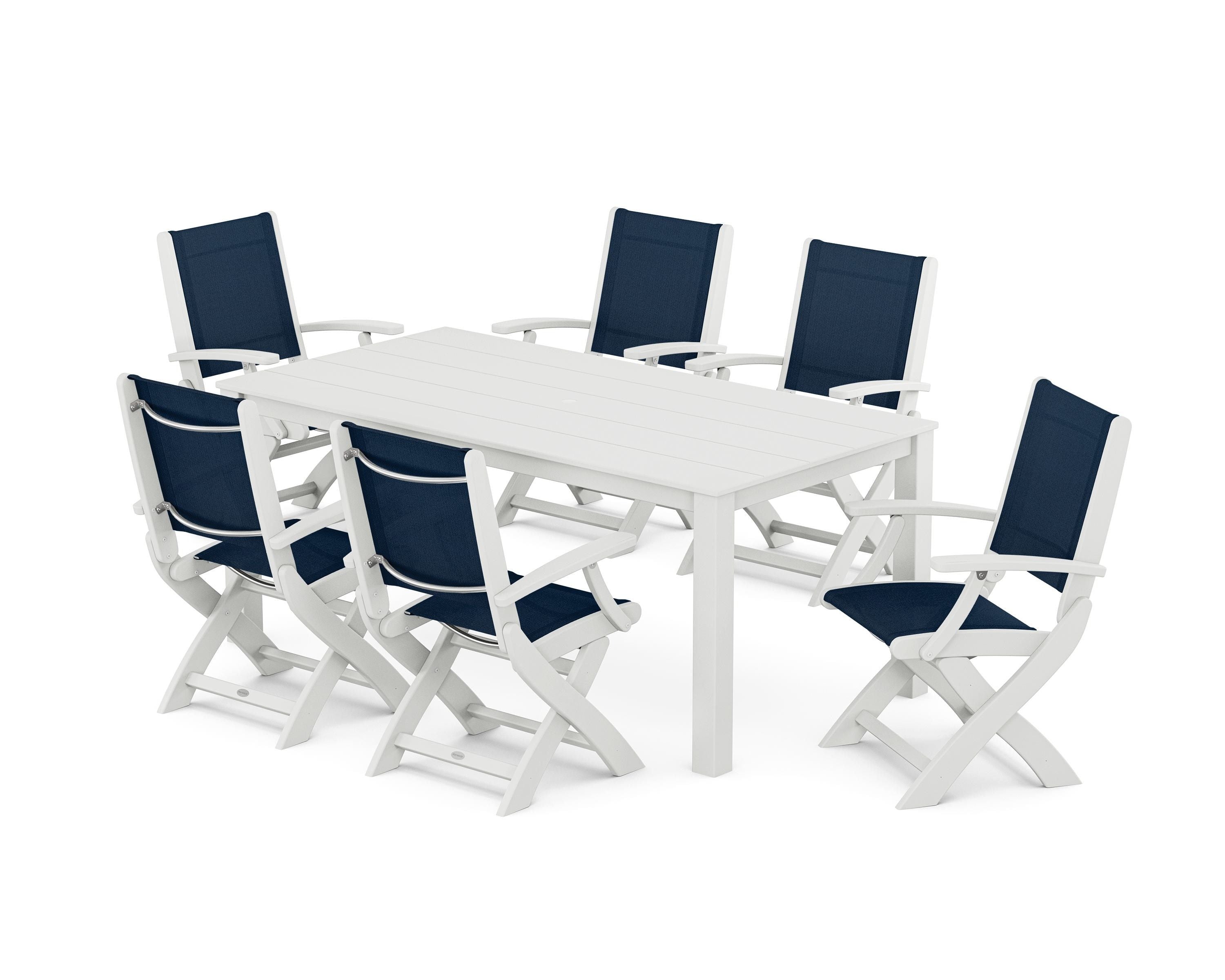 POLYWOOD® Coastal Folding Chair 7-Piece Parsons Dining Set in White / Navy Blue Sling