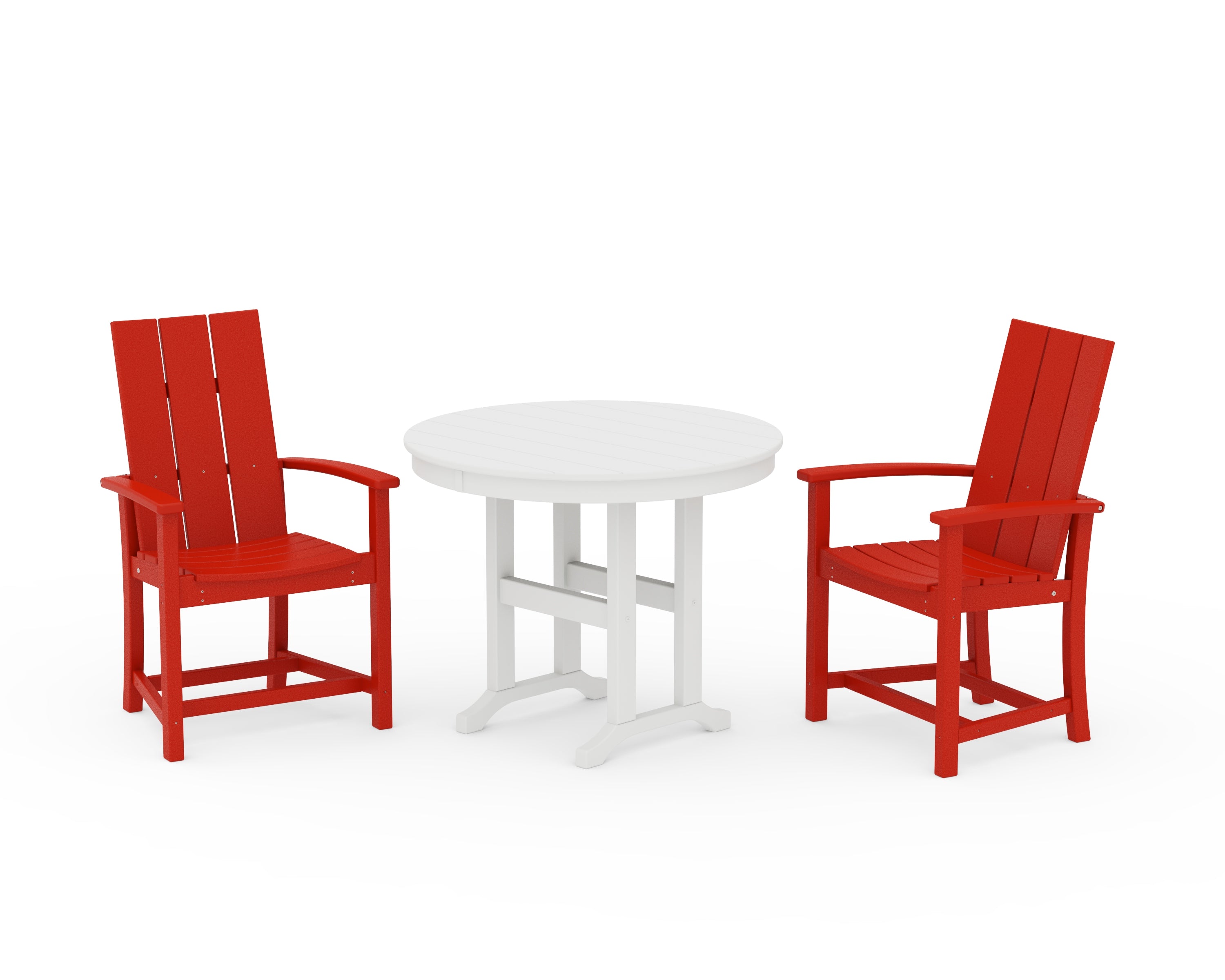 POLYWOOD® Modern Adirondack 3-Piece Round Farmhouse Dining Set in Sunset Red / White