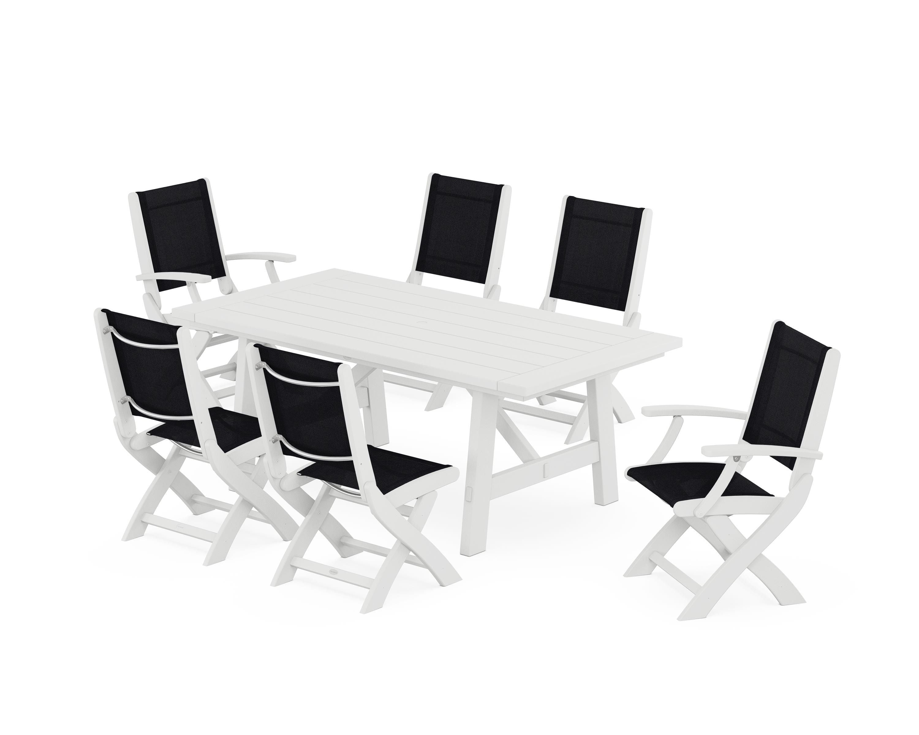 POLYWOOD® Coastal Folding Chair 7-Piece Rustic Farmhouse Dining Set in White / Black Sling