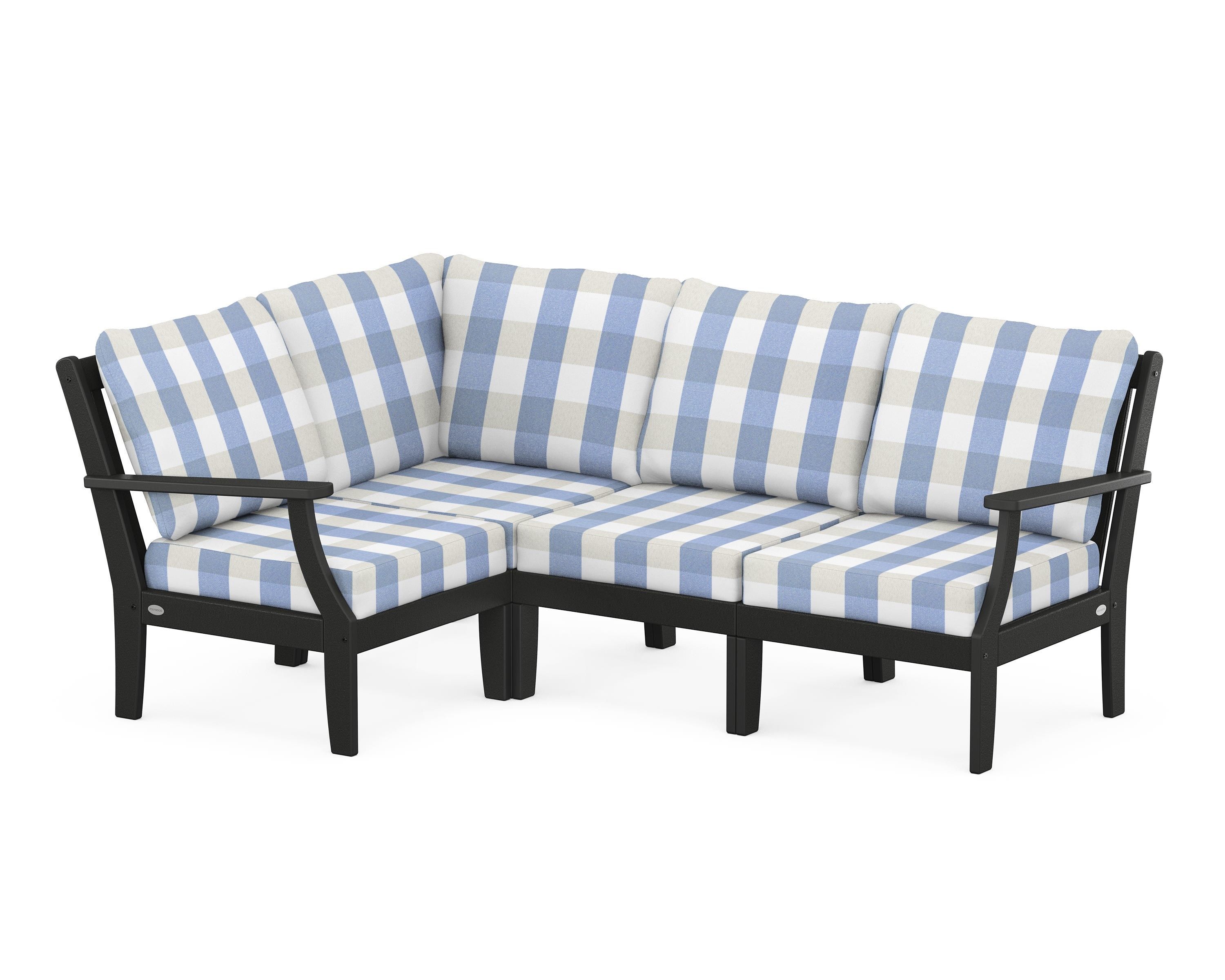 POLYWOOD® Braxton Modular 4-Piece Deep Seating Set in Black / Buffalo Plaid Sky Blue