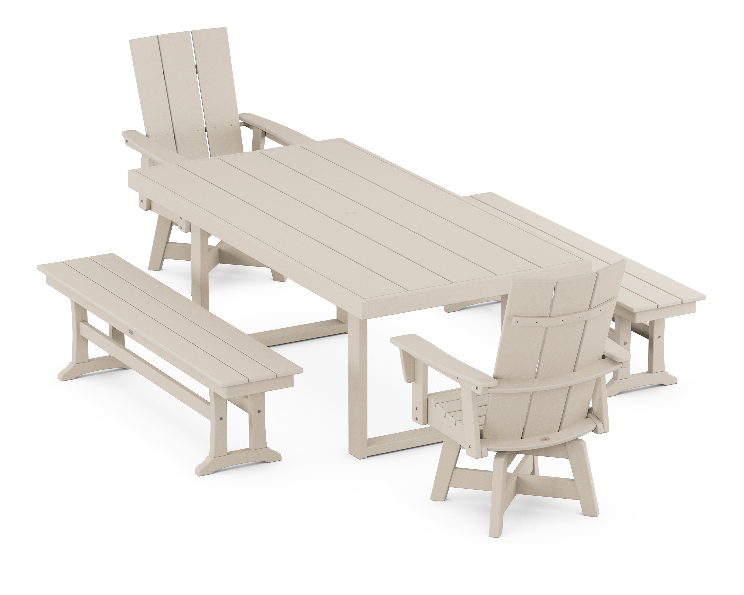 POLYWOOD® Modern Adirondack Swivel Chair 5-Piece Dining Set with Benches in Sand