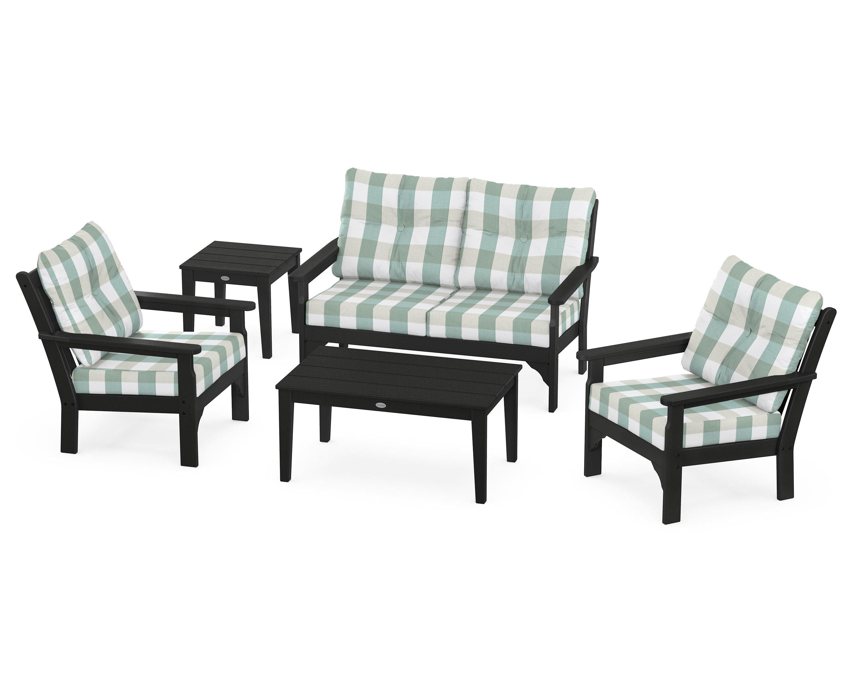 POLYWOOD® Vineyard 5-Piece Deep Seating Set in Black / Buffalo Plaid Glacier Spa
