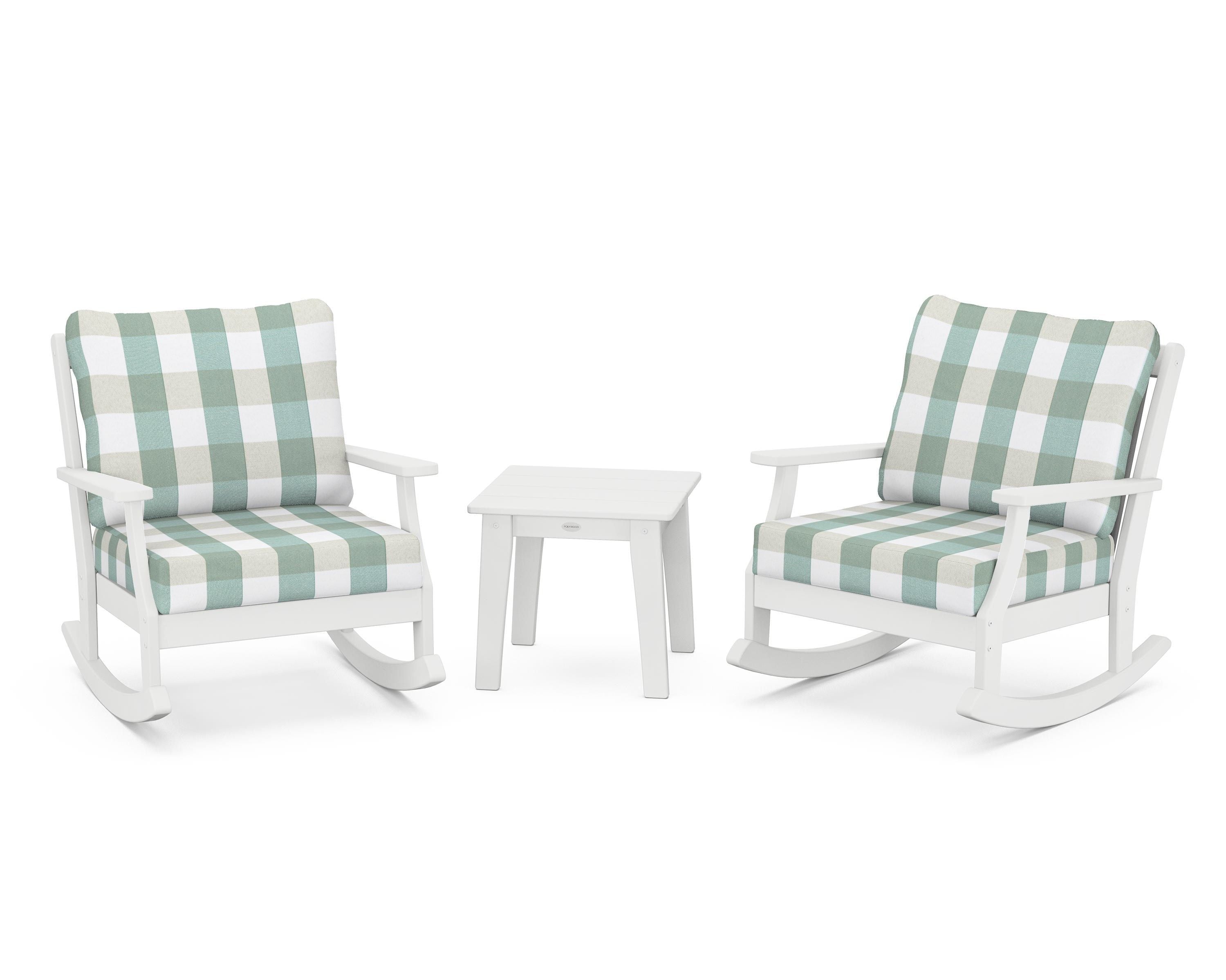 POLYWOOD® Braxton 3-Piece Deep Seating Rocker Set in White / Buffalo Plaid Glacier Spa