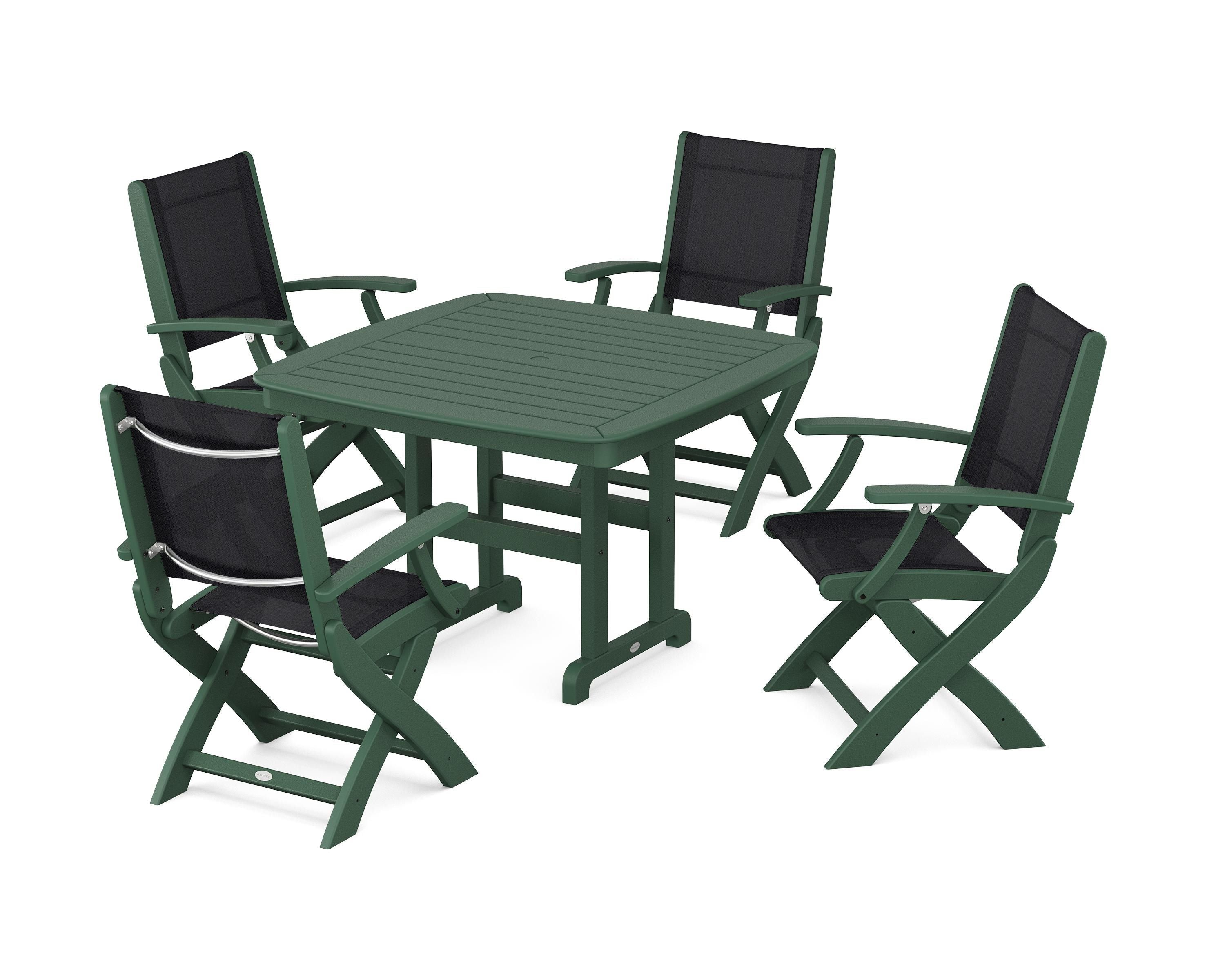 POLYWOOD® Coastal Folding Chair 5-Piece Dining Set in Green / Black Sling