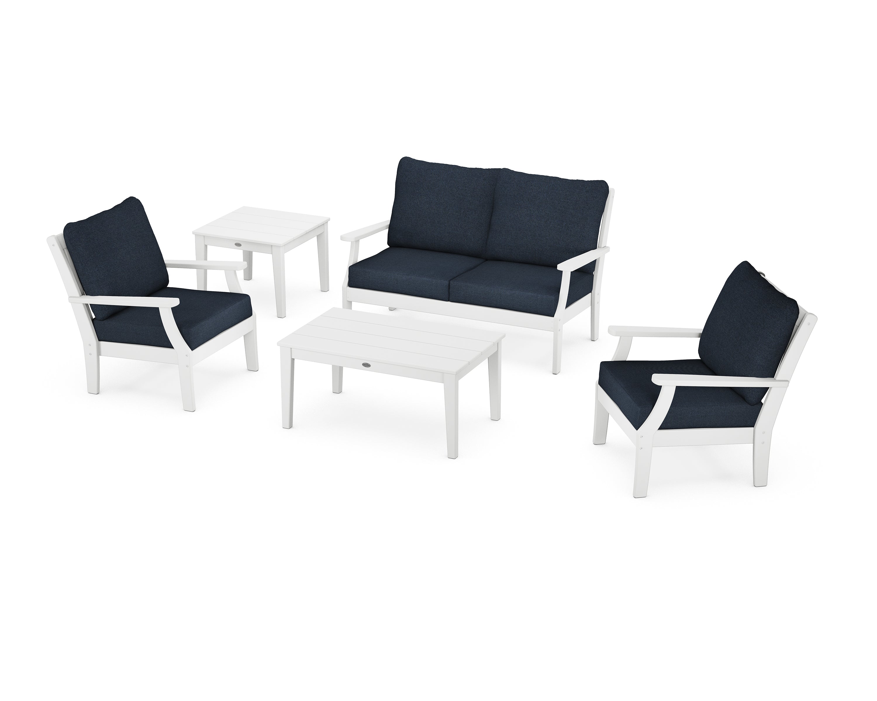POLYWOOD® Braxton 5-Piece Deep Seating Set in White / Marine Indigo