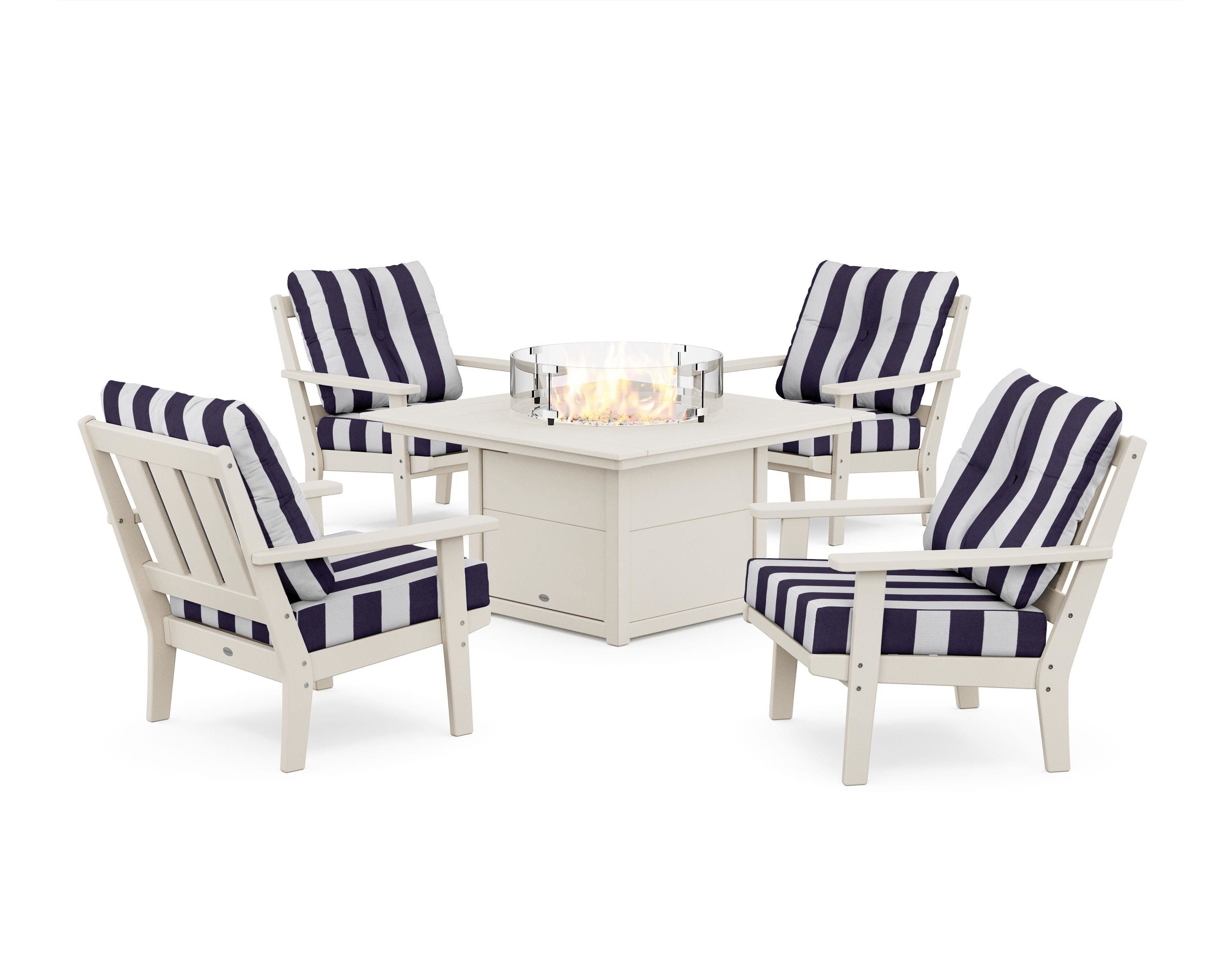 POLYWOOD® Oxford 5-Piece Deep Seating Set with Fire Pit Table in Sand / Cabana Stripe Navy