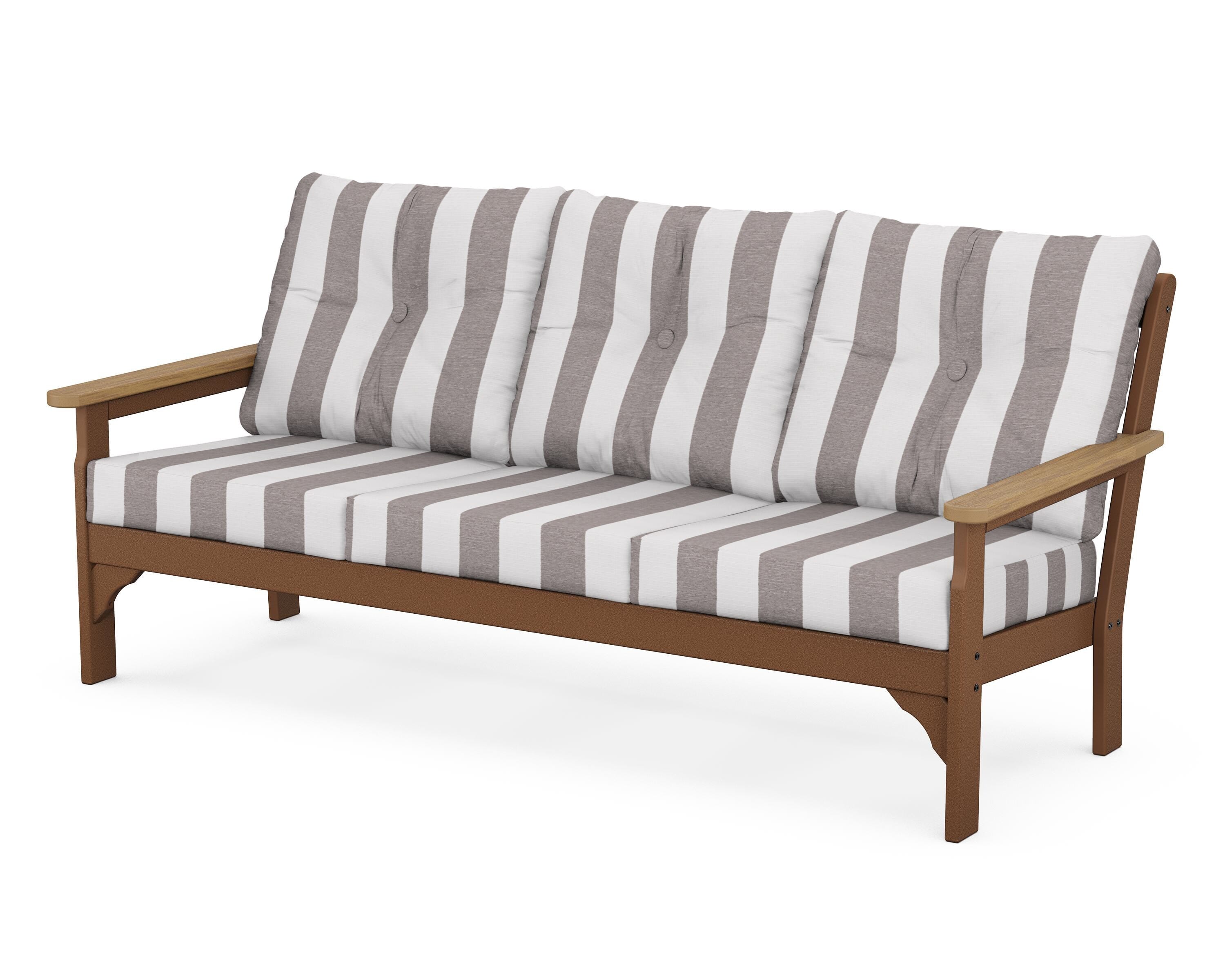 POLYWOOD® Vineyard Deep Seating Sofa in Teak / Natural / Cabana Stripe Grey Mist