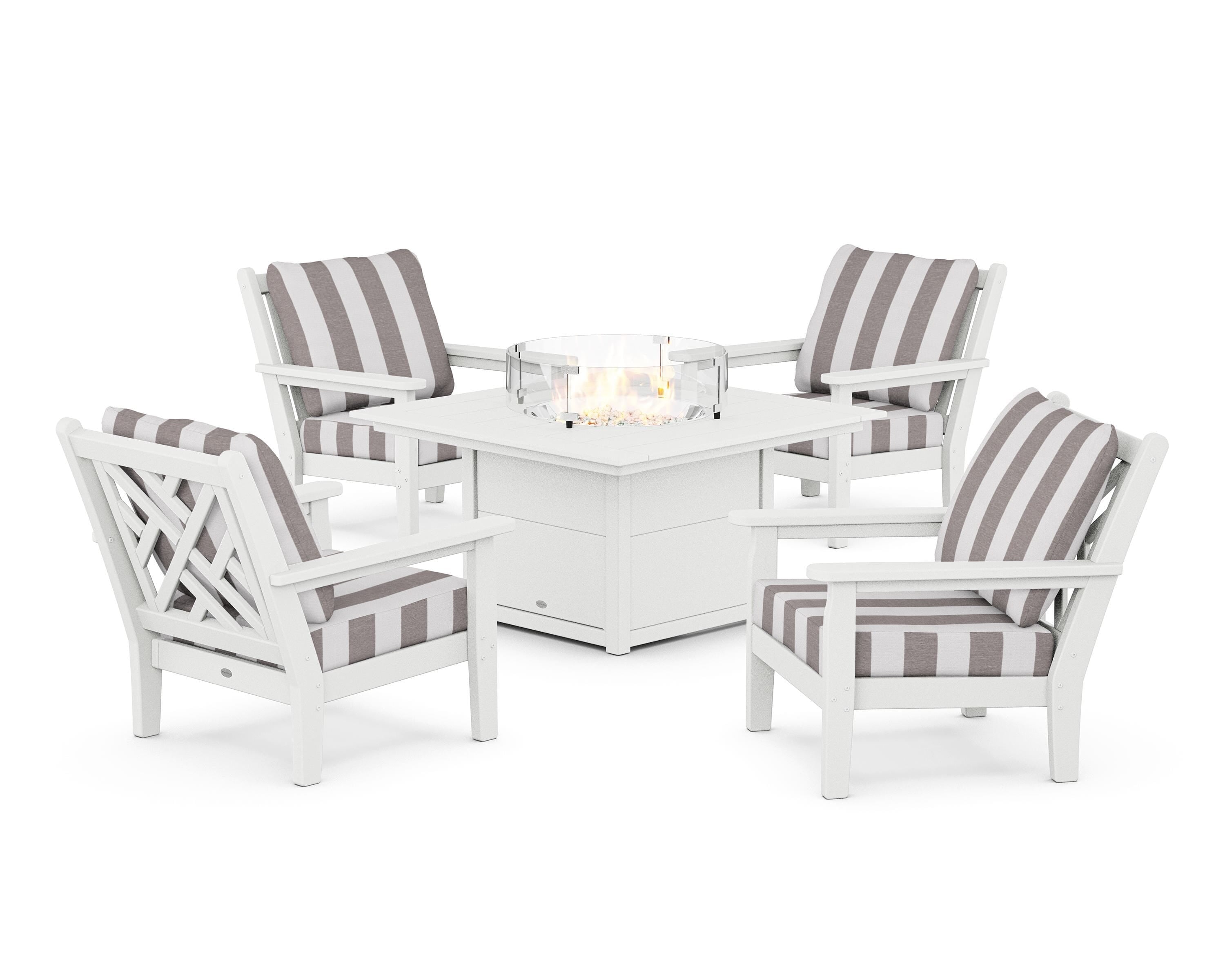 POLYWOOD® Chippendale 5-Piece Deep Seating Set with Fire Pit Table in White / Cabana Stripe Grey Mist