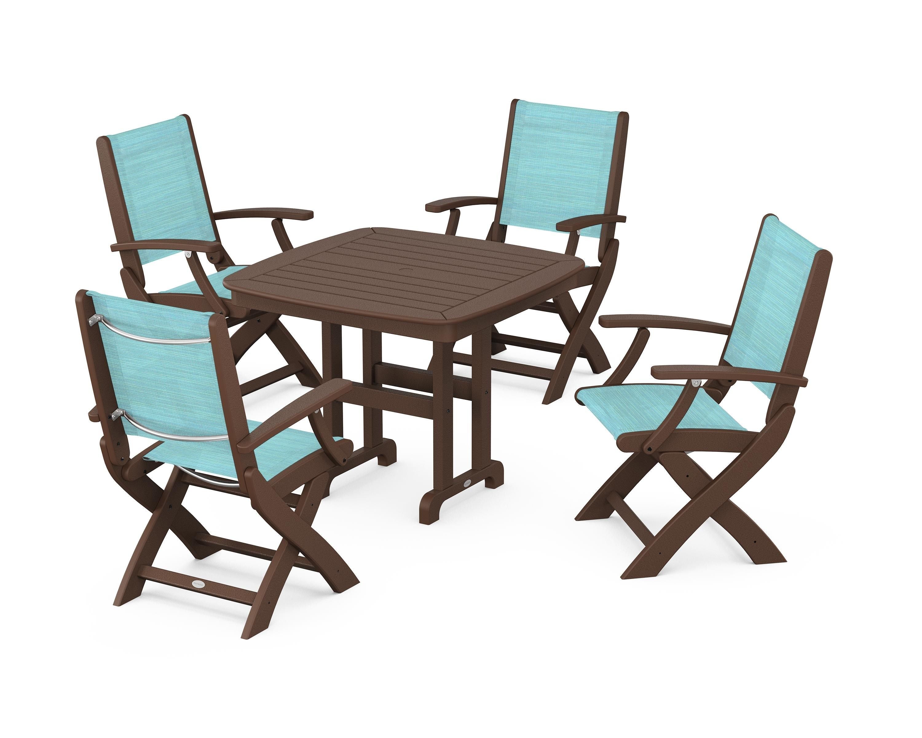 POLYWOOD® Coastal Folding Chair 5-Piece Dining Set in Mahogany / Dupioni Aquamarine Sling