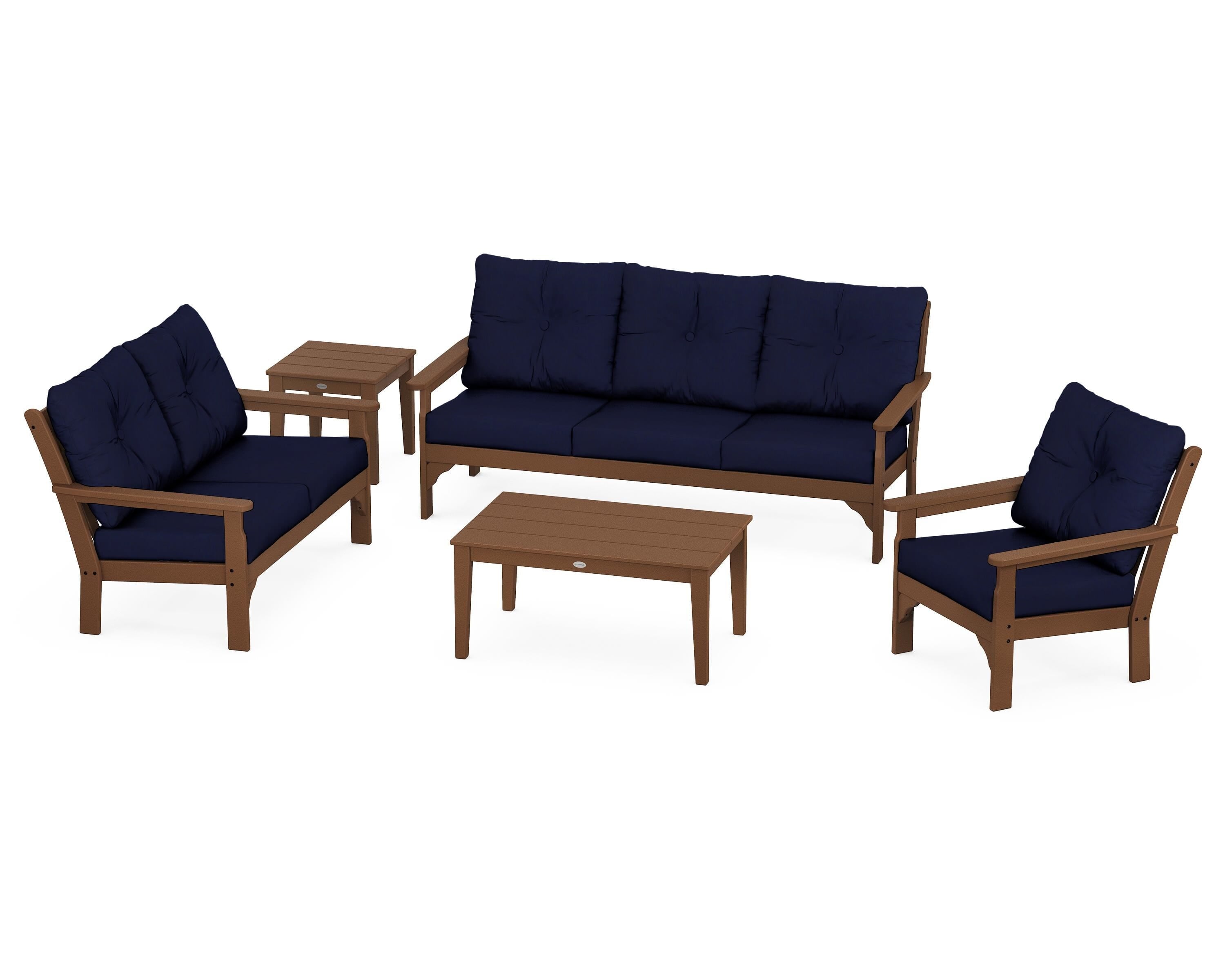POLYWOOD® Vineyard 5 Piece Deep Seating Set in Teak / Navy