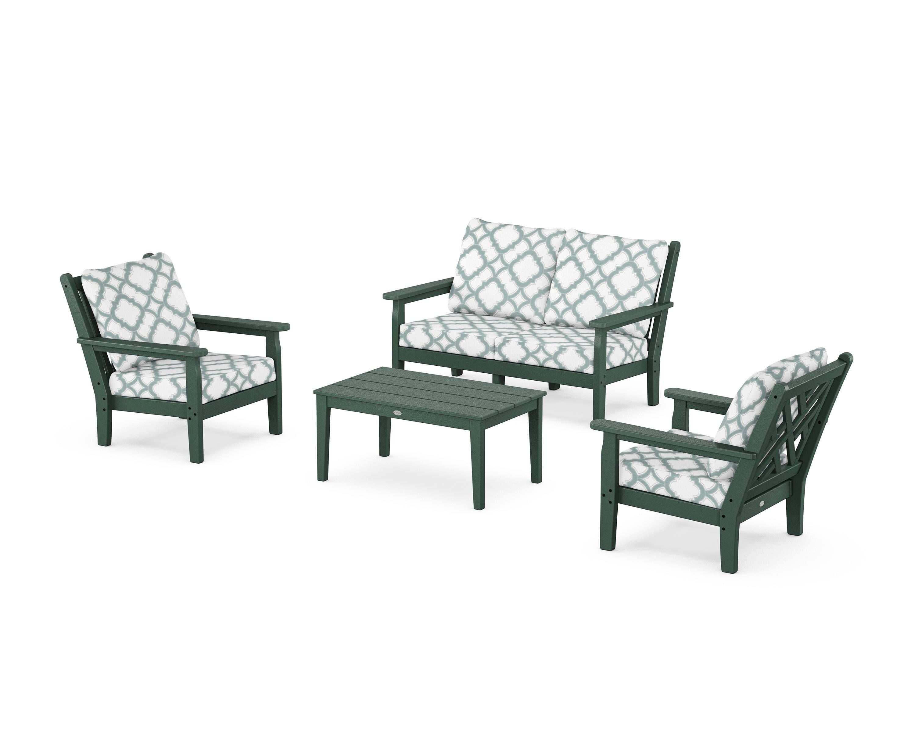 POLYWOOD® Chippendale 4-Piece Deep Seating Set with Loveseat in Green / Trellis Glacier Spa