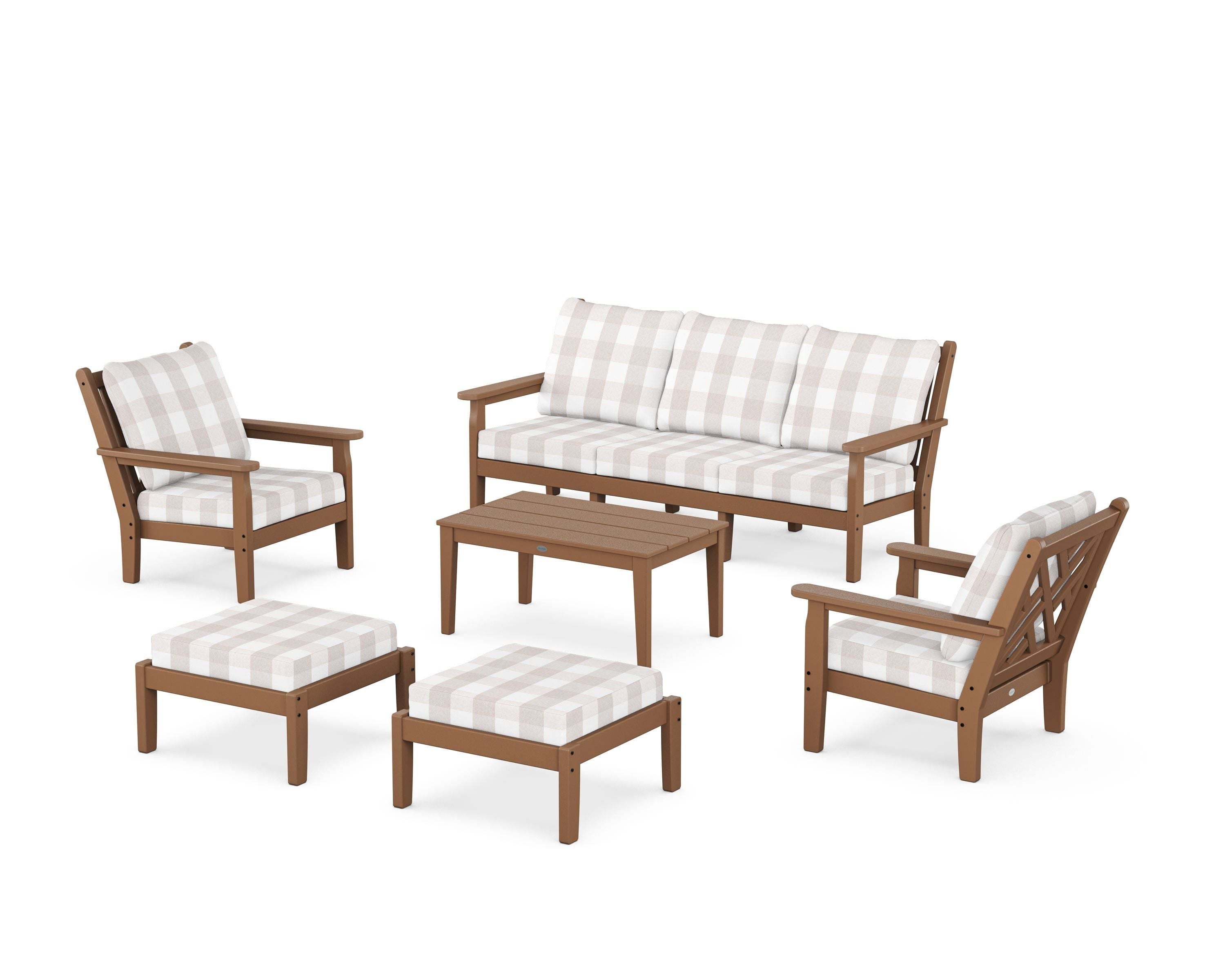 POLYWOOD® Chippendale 6-Piece Lounge Sofa Set in Teak / Buffalo Plaid Dune Burlap