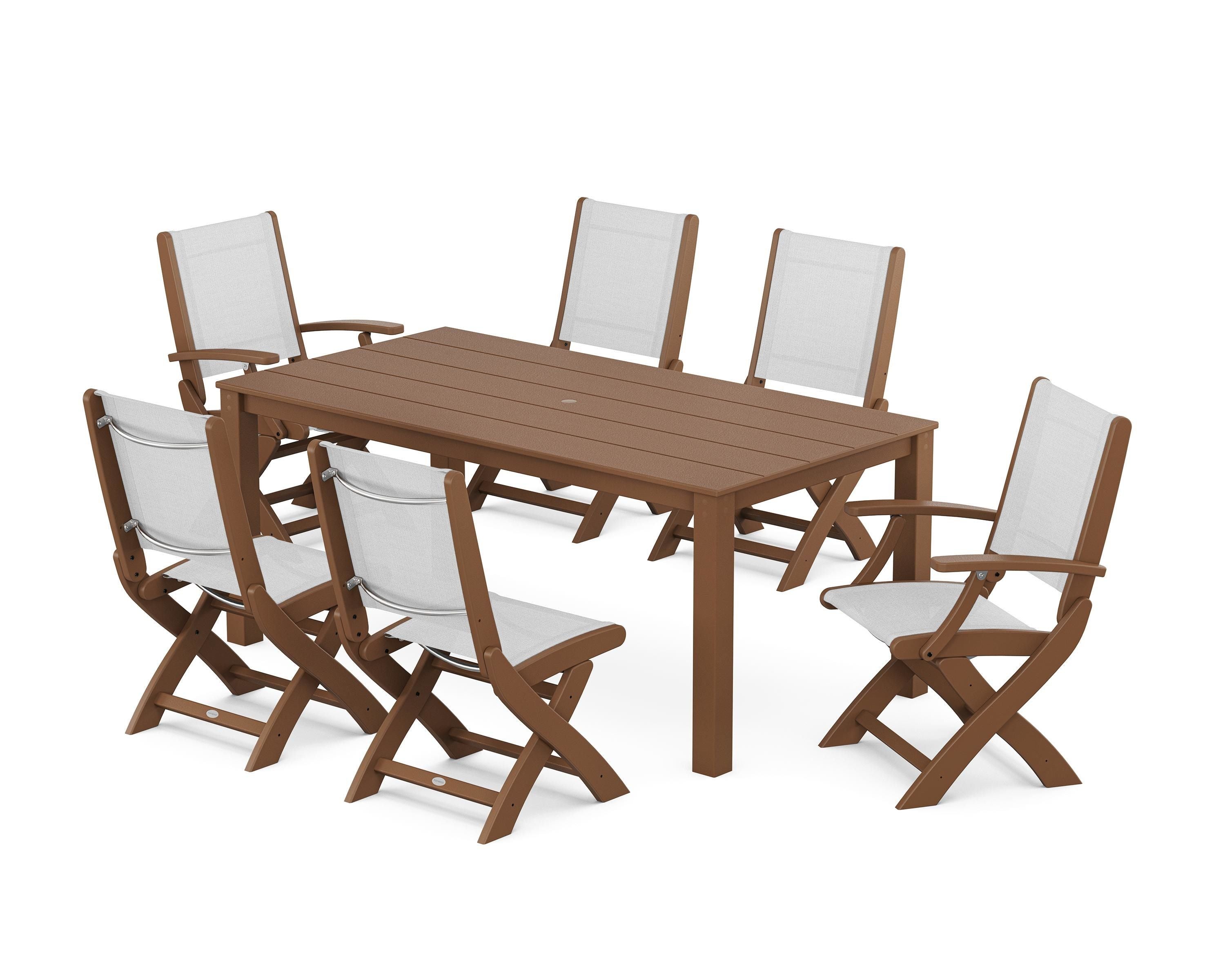 POLYWOOD® Coastal Folding Chair 7-Piece Parsons Dining Set in Teak / White Sling