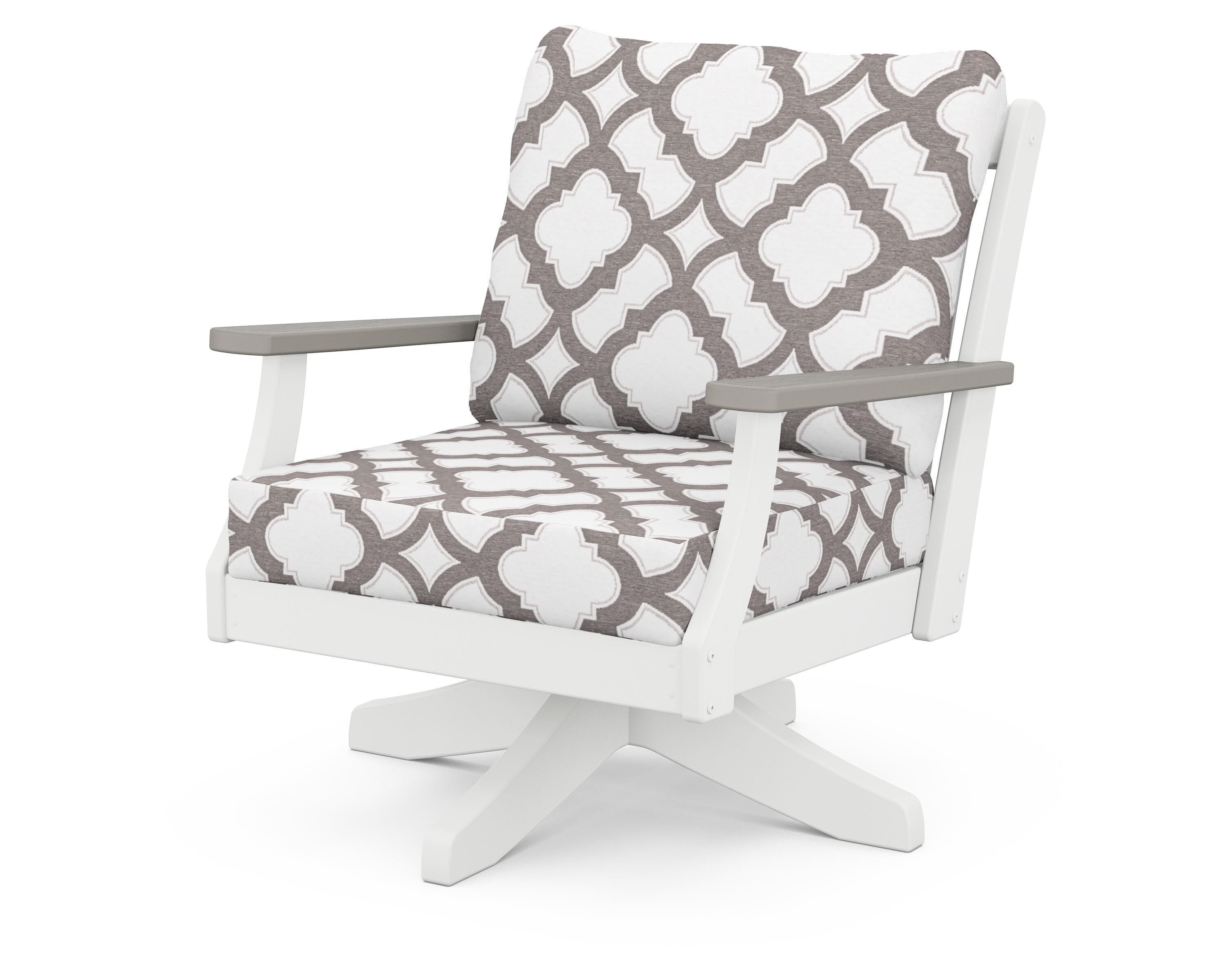 POLYWOOD® Braxton Deep Seating Swivel Chair in White / Driftwood / Trellis Grey Mist
