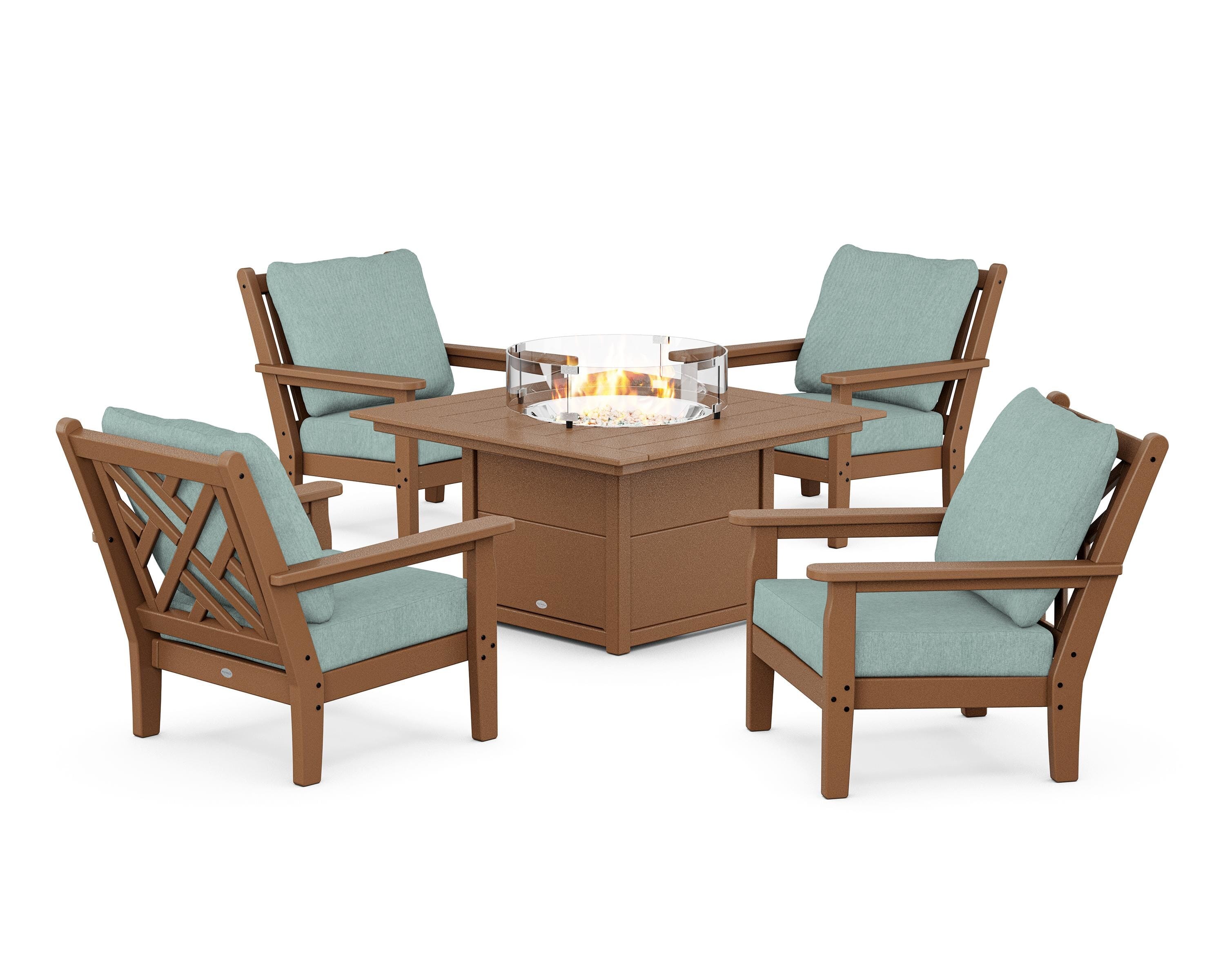POLYWOOD® Chippendale 5-Piece Deep Seating Set with Fire Pit Table in Teak / Glacier Spa