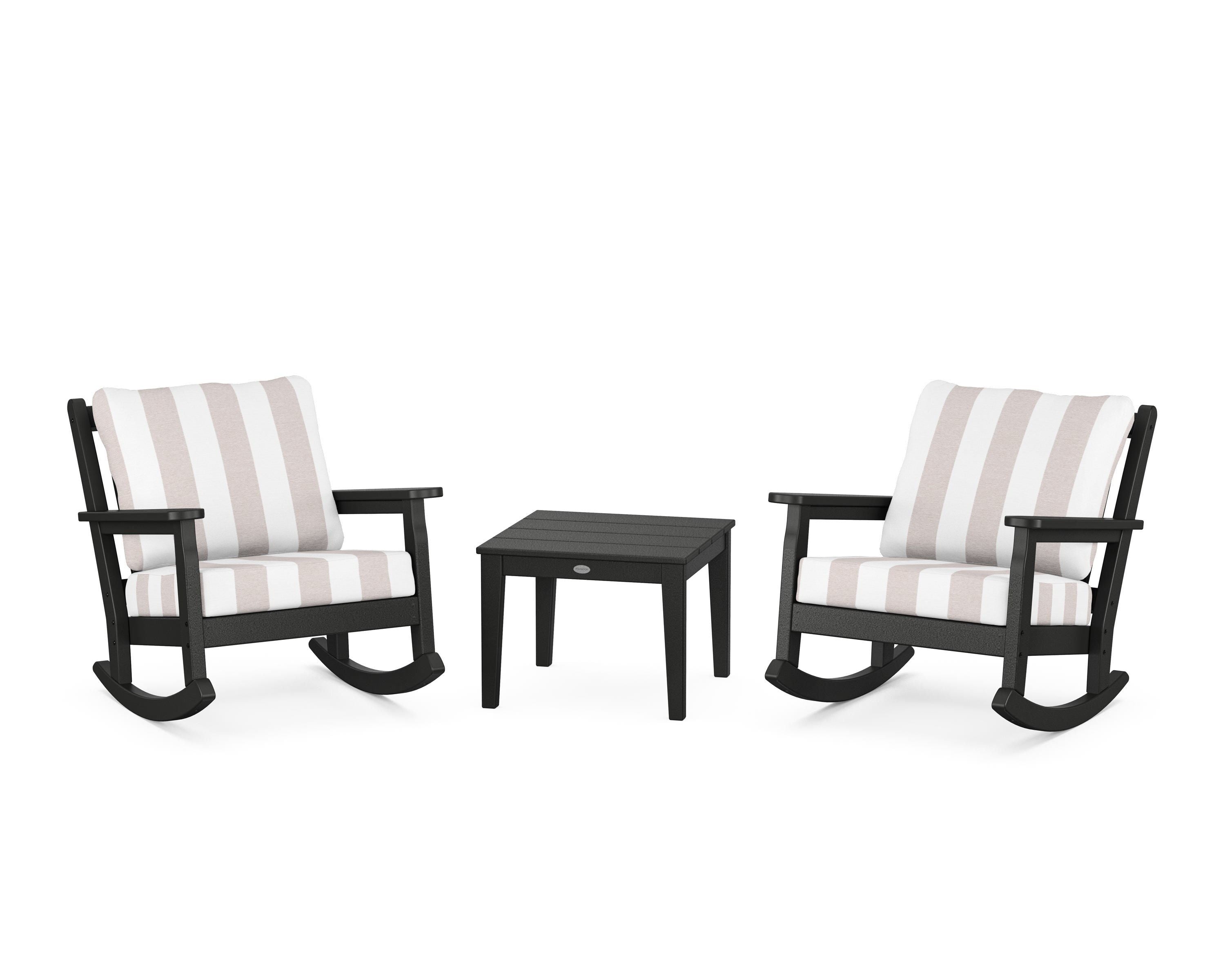 POLYWOOD® Chippendale 3-Piece Deep Seating Rocker Set in Black / Cabana Stripe Dune Burlap