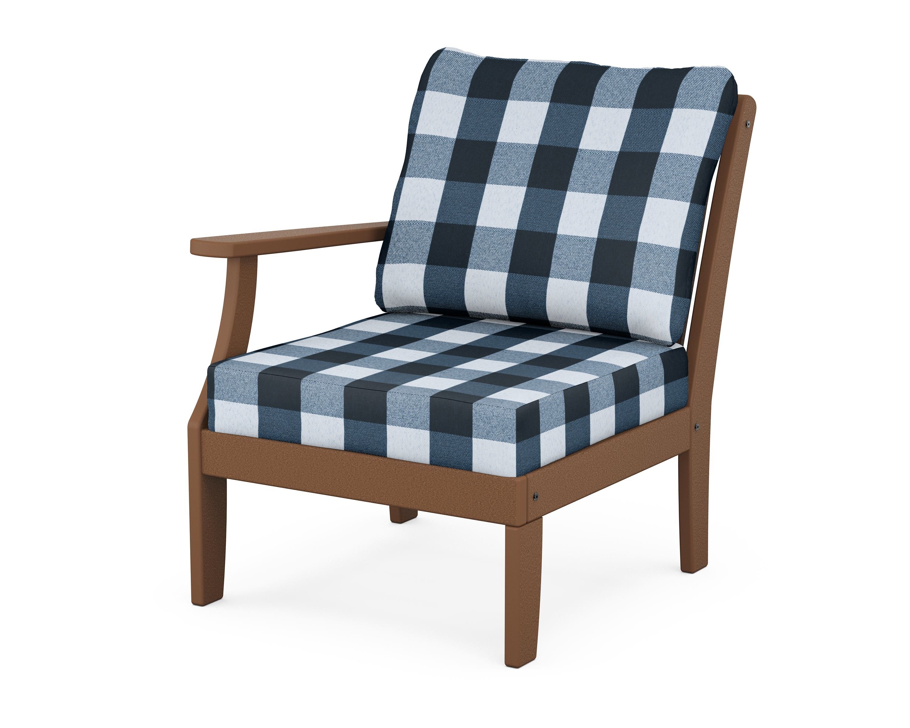 POLYWOOD® Braxton Modular Left Arm Chair in Teak / Buffalo Plaid Marine Indigo