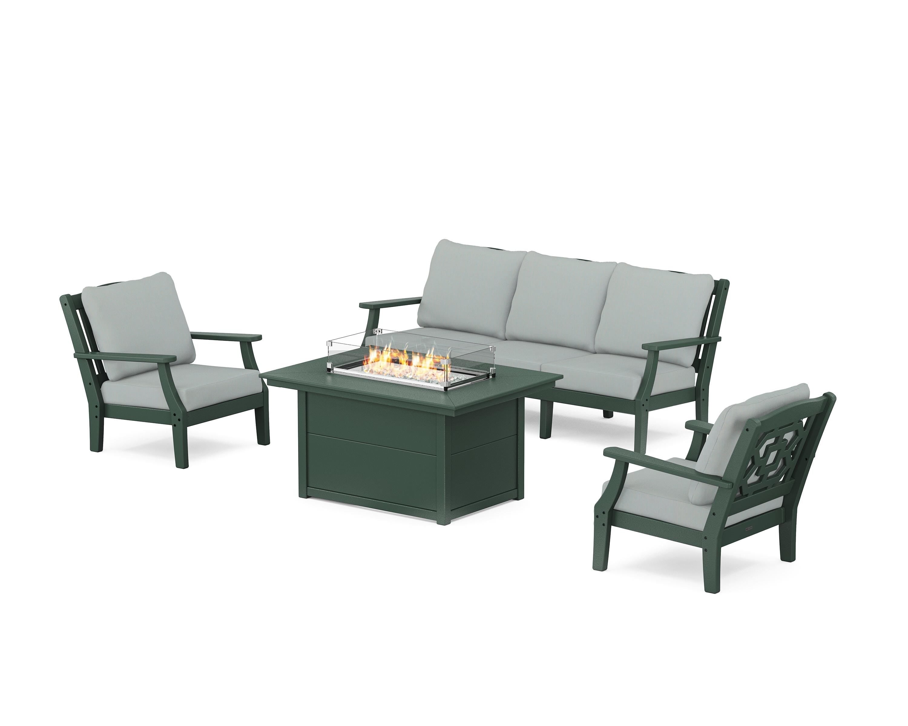 Martha Stewart by POLYWOOD® Chinoiserie Deep Seating Fire Pit Table Set in Green / Spa