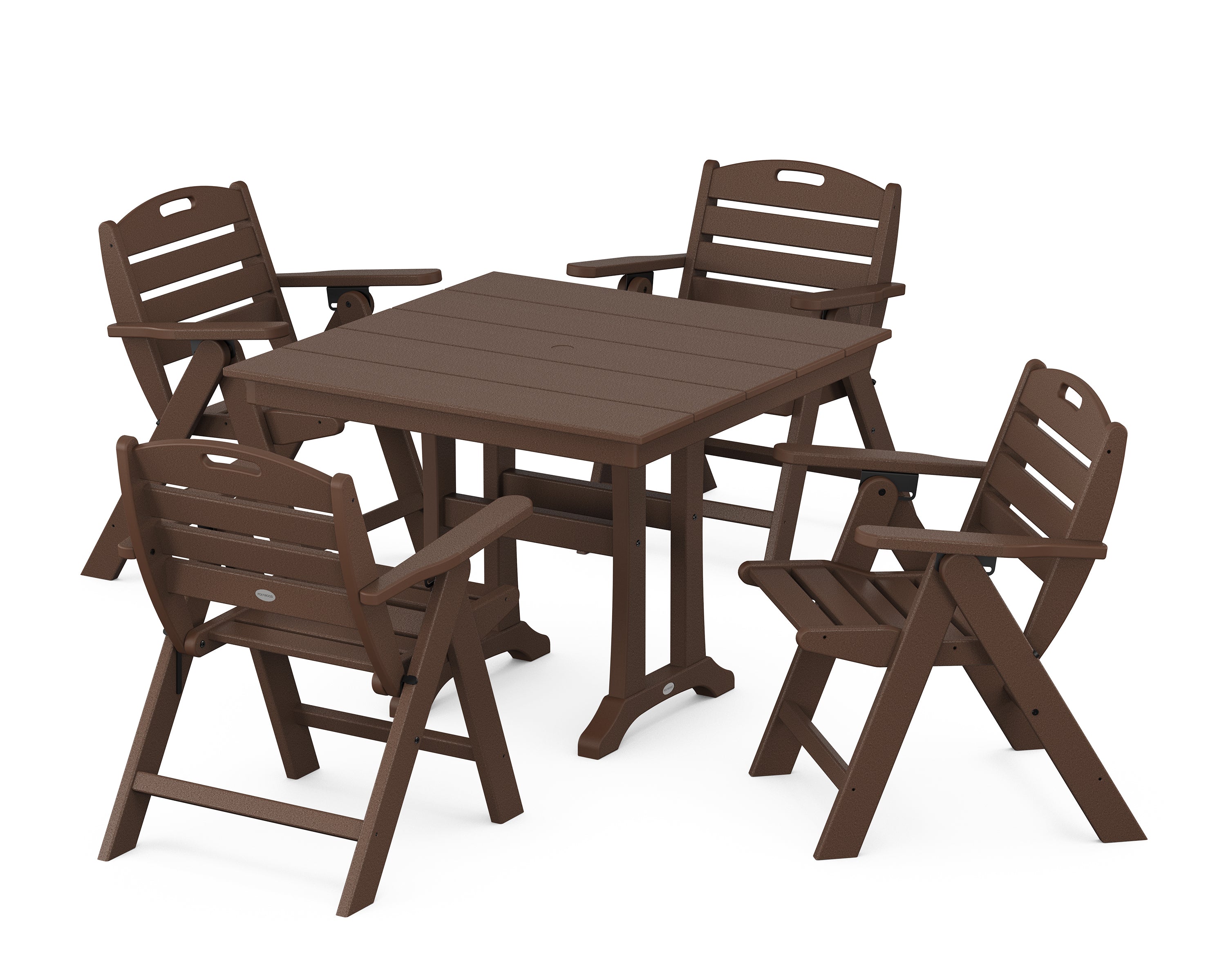 POLYWOOD® Nautical Folding Lowback Chair 5-Piece Farmhouse Dining Set With Trestle Legs in Mahogany