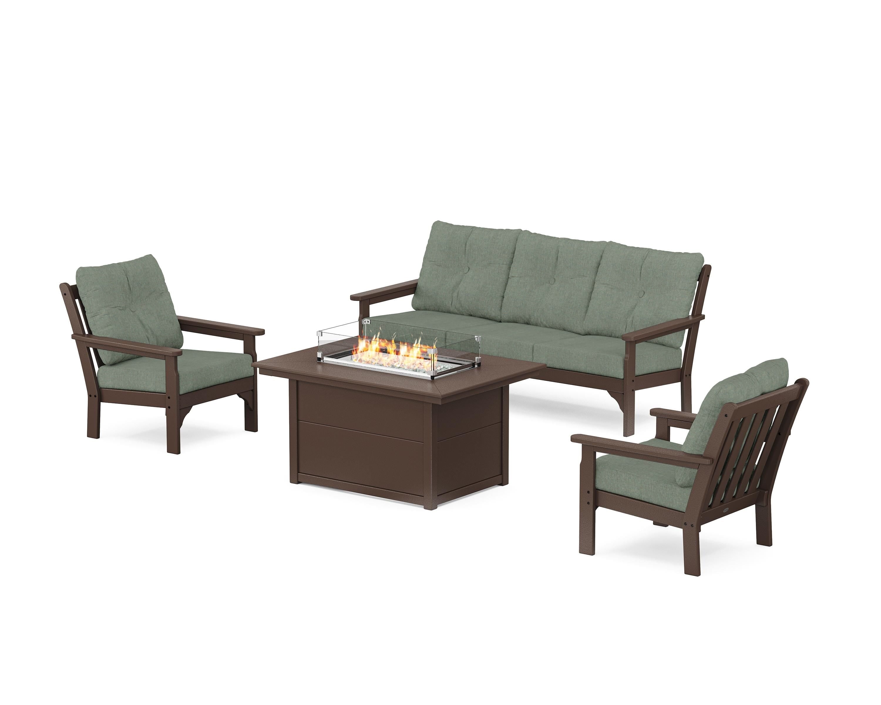 POLYWOOD® Vineyard Deep Seating Fire Pit Table Set in Mahogany / Cast Sage
