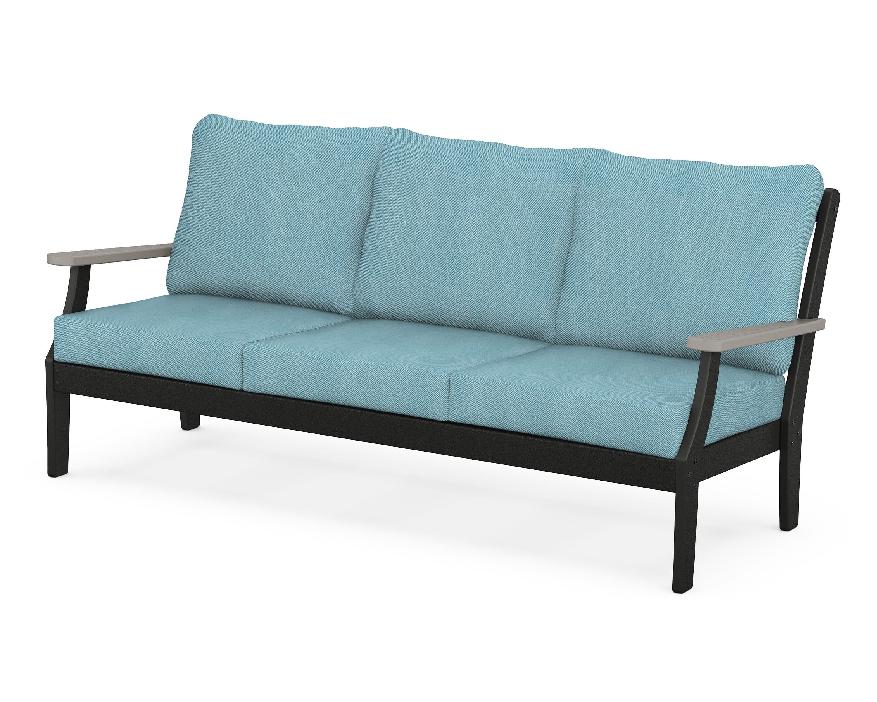 POLYWOOD® Braxton Deep Seating Sofa in Black / Driftwood / Lattice Sky Blue