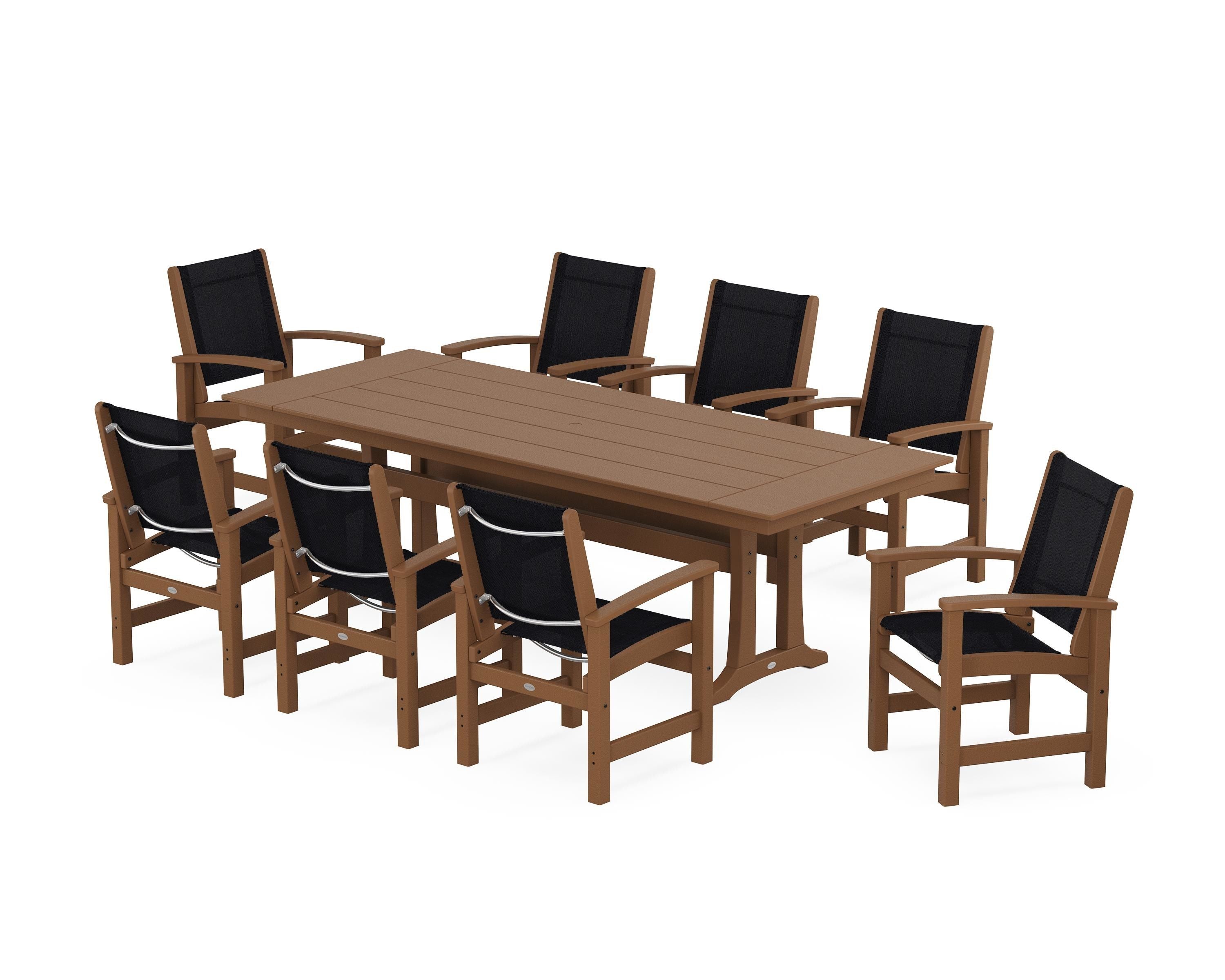 POLYWOOD® Coastal 9-Piece Farmhouse Dining Set with Trestle Legs in Teak / Black Sling