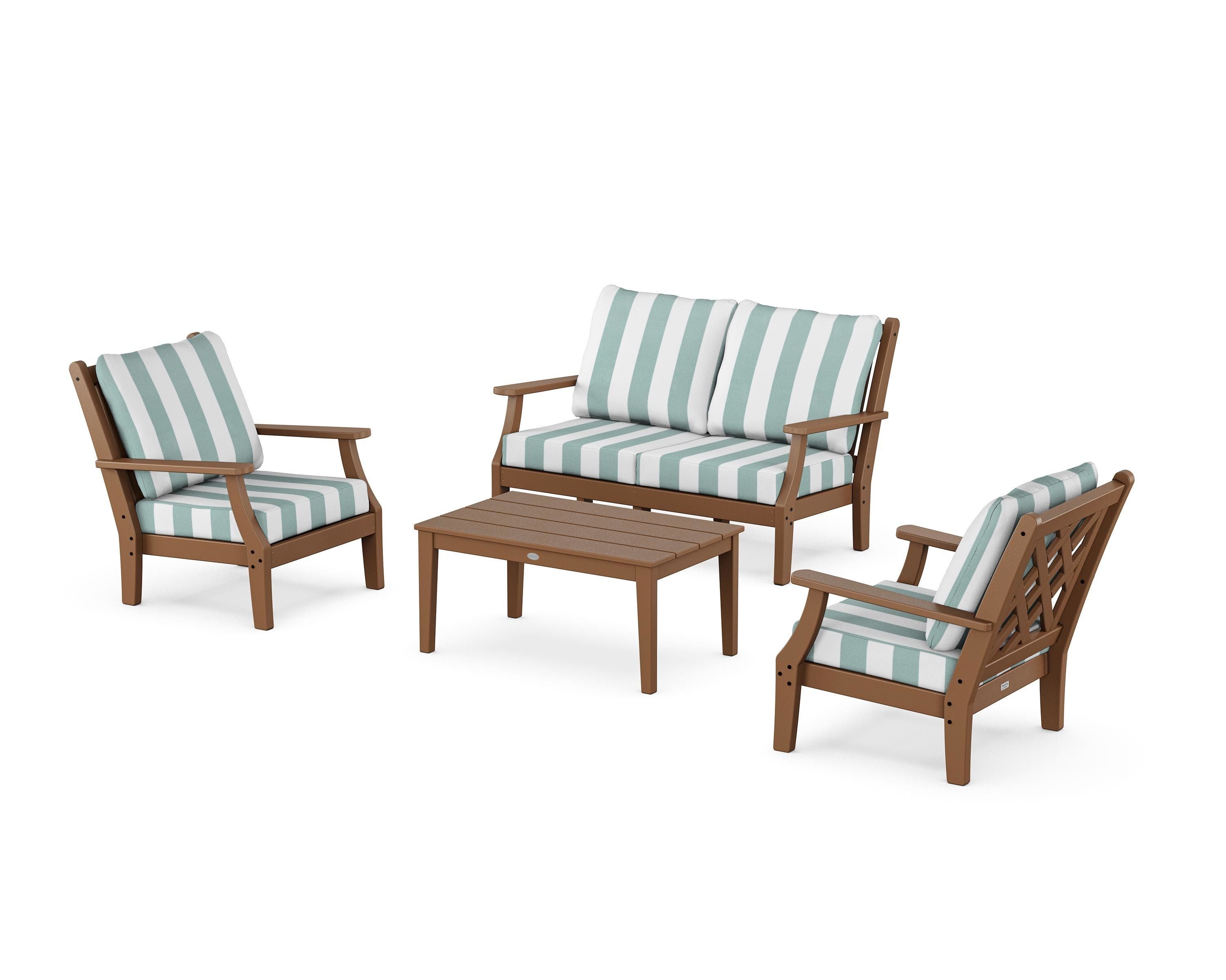 Country Living Wovendale 4-Piece Deep Seating Set with Loveseat in Teak / Cabana Stripe Glacier Spa