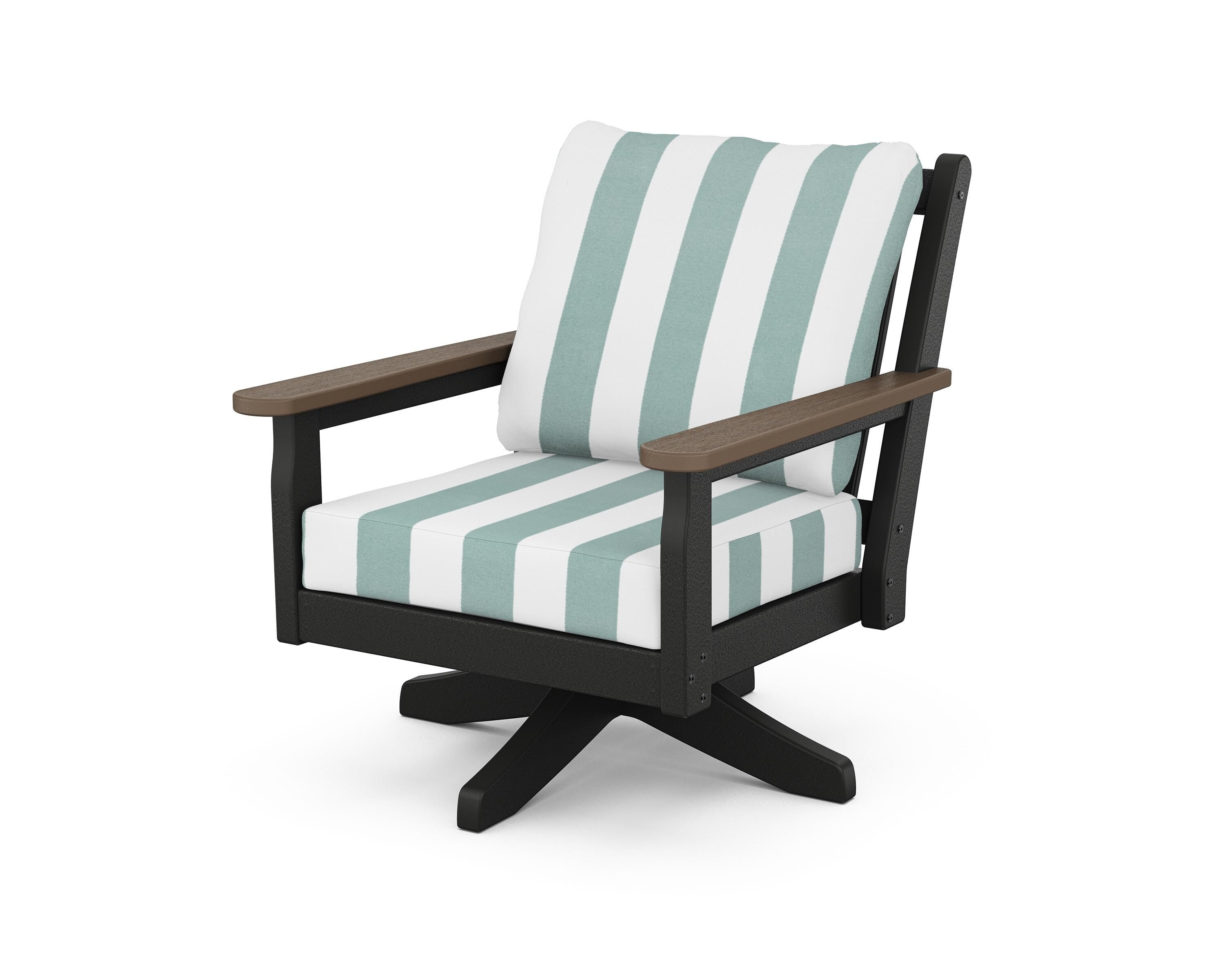 POLYWOOD® Chippendale Deep Seating Swivel Chair in Black / Kona / Cabana Stripe Glacier Spa